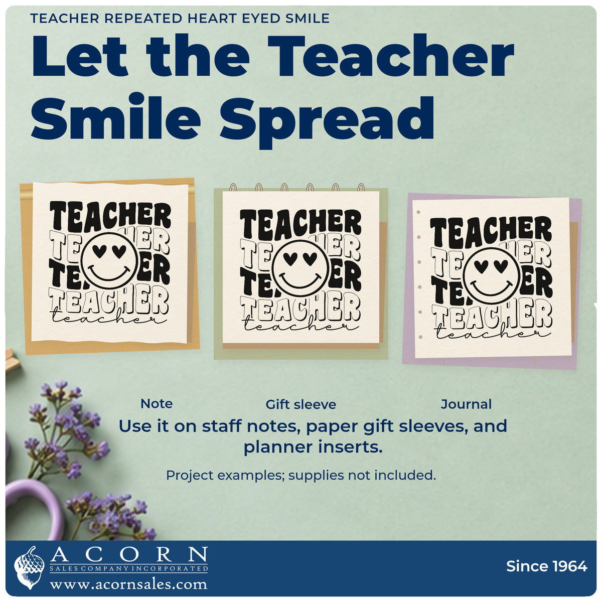 Three project examples made with the Teacher Repeated Heart Eyed Smile Stamp – Premium Vintage Pro Wooden, including reward tub labels.