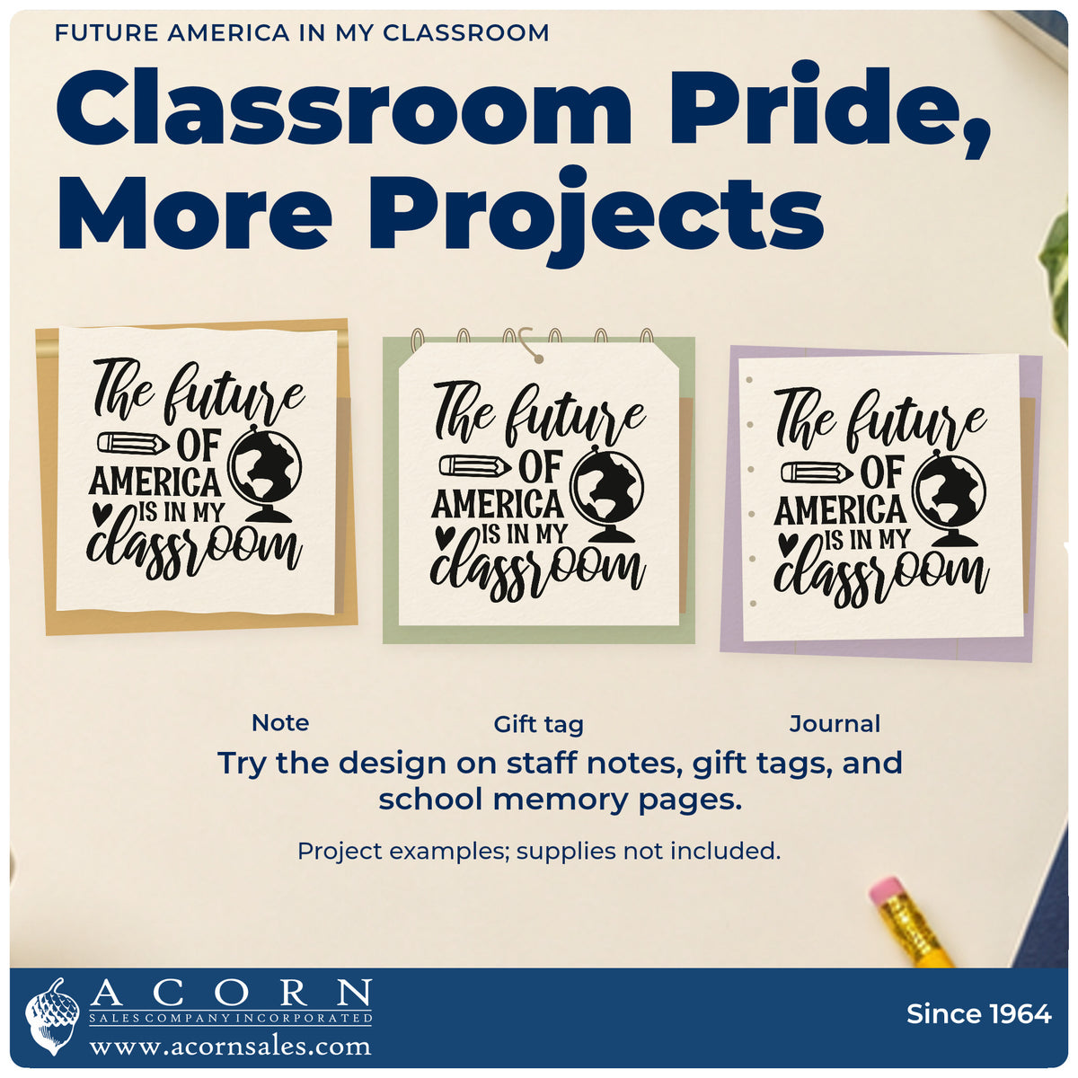 Three project examples made with the Future America In My Classroom Slim Pre-Inked Stamp, including ballot crate labels.