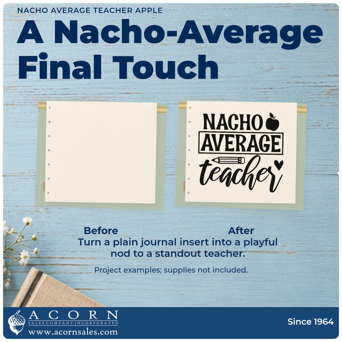 Before and after of a plain item finished with the Nacho Average Teacher Apple Pencil Pre-Inked Stamp – Slim, a quick upgrade for answer fold seals.