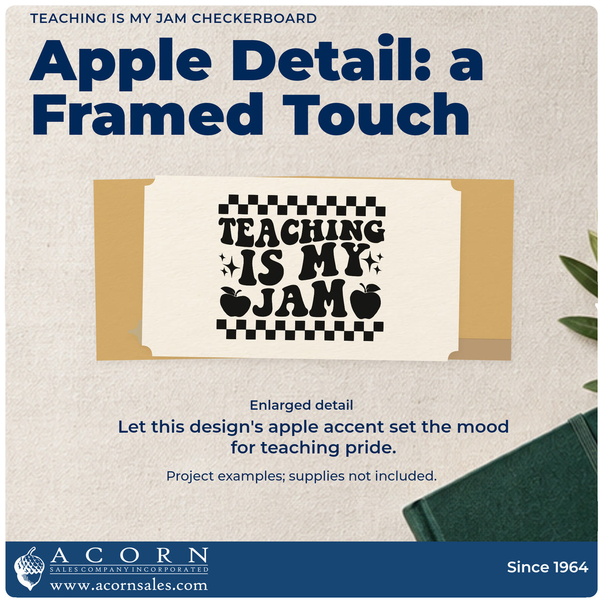 Enlarged detail of the Teaching Is My Jam Checkerboard Rubber Stamp – Duo Hand imprint. “Teaching Is My Jam” is framed by checkerboard strips with apples and sparkles.