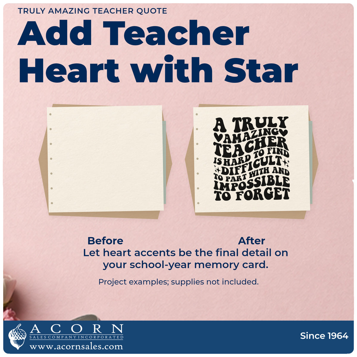Before and after of a plain item finished with the Truly Amazing Teacher Word Art Stamp – Self-Inking, a quick upgrade for memory box seals.