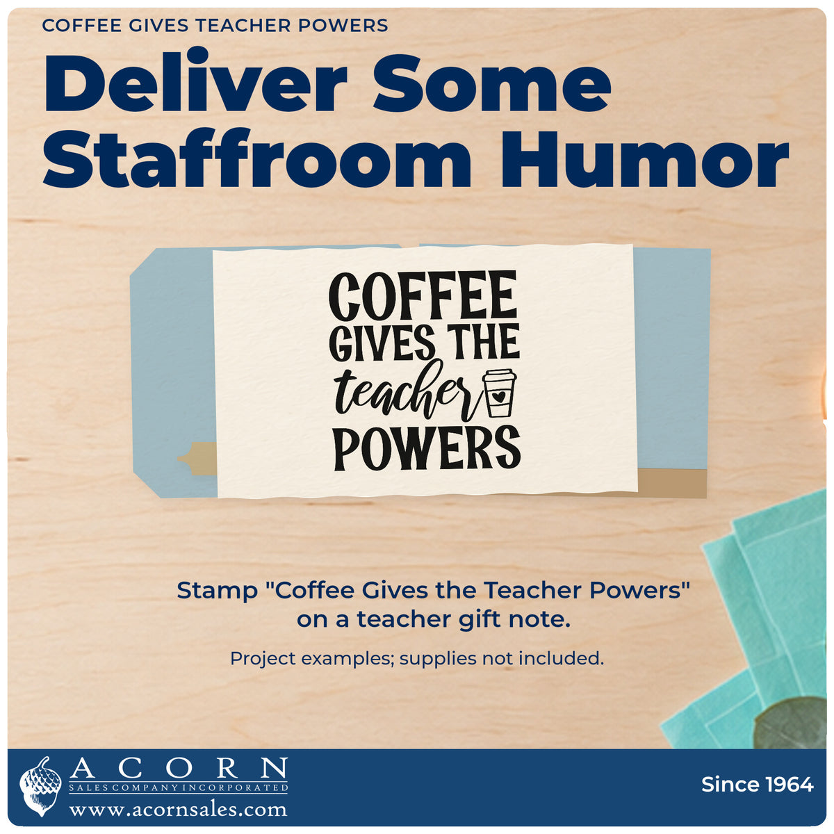 A finished handmade project stamped with the Slim Pre-Inked Teacher Powers Fueled By Coffee Stamp, ideal for single serve tags.