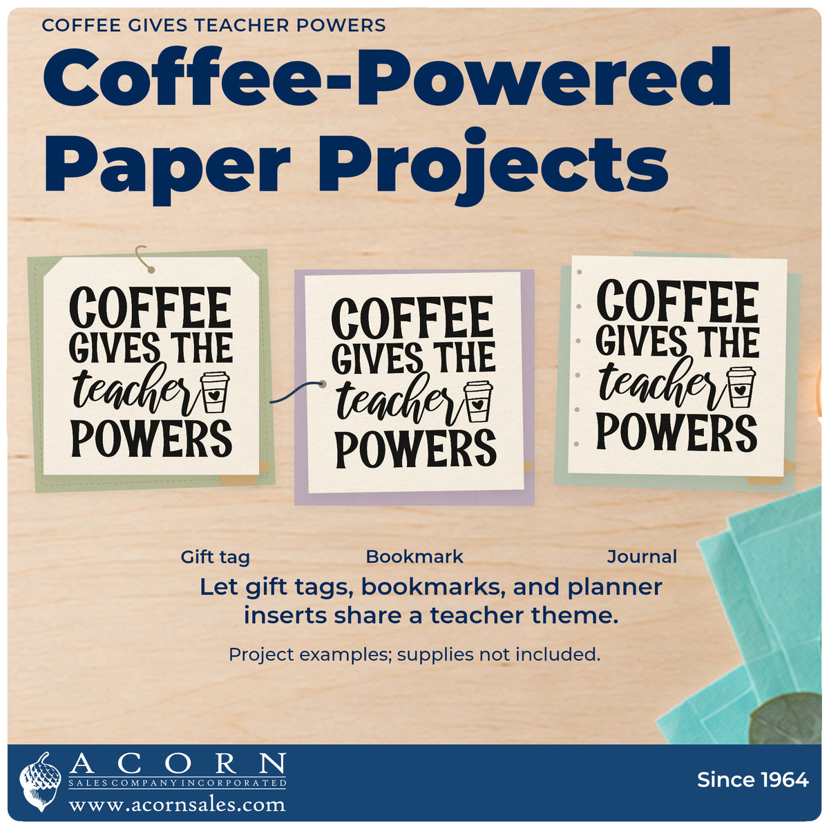 Three project examples made with the Teacher Powers Fueled By Coffee Rubber Stamp – Duo Hand, including grinder jar labels.