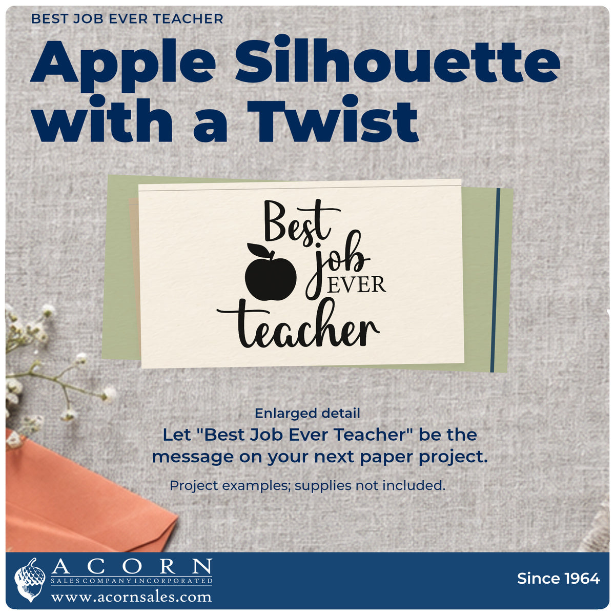 Enlarged detail of the Best Job Ever Teacher Apple Premium Wooden Stamp – Vintage Pro imprint. “Best Job Ever Teacher” is accented with a large apple.