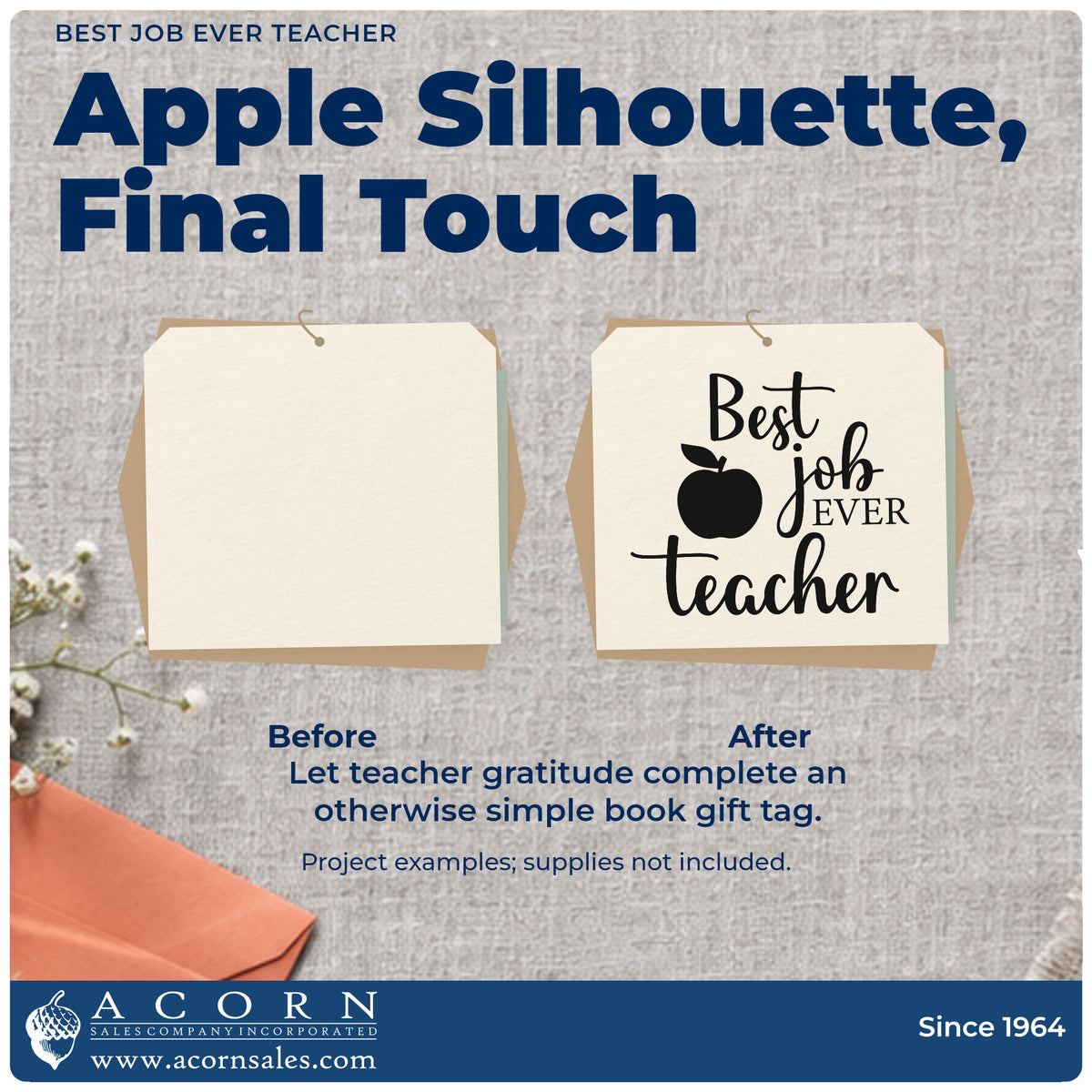 Before and after of a plain item finished with the Best Job Ever Teacher Apple Premium Wooden Stamp – Vintage Pro, a quick upgrade for contract pack seals.