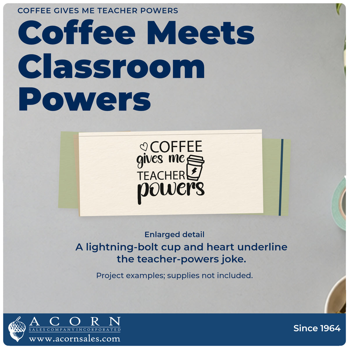 Enlarged detail of the Self-Inking Coffee Gives Me Teacher Powers With Hearts Stamp imprint. “Coffee Gives Me Teacher Powers” features a takeaway cup with a lightning bolt and a heart.