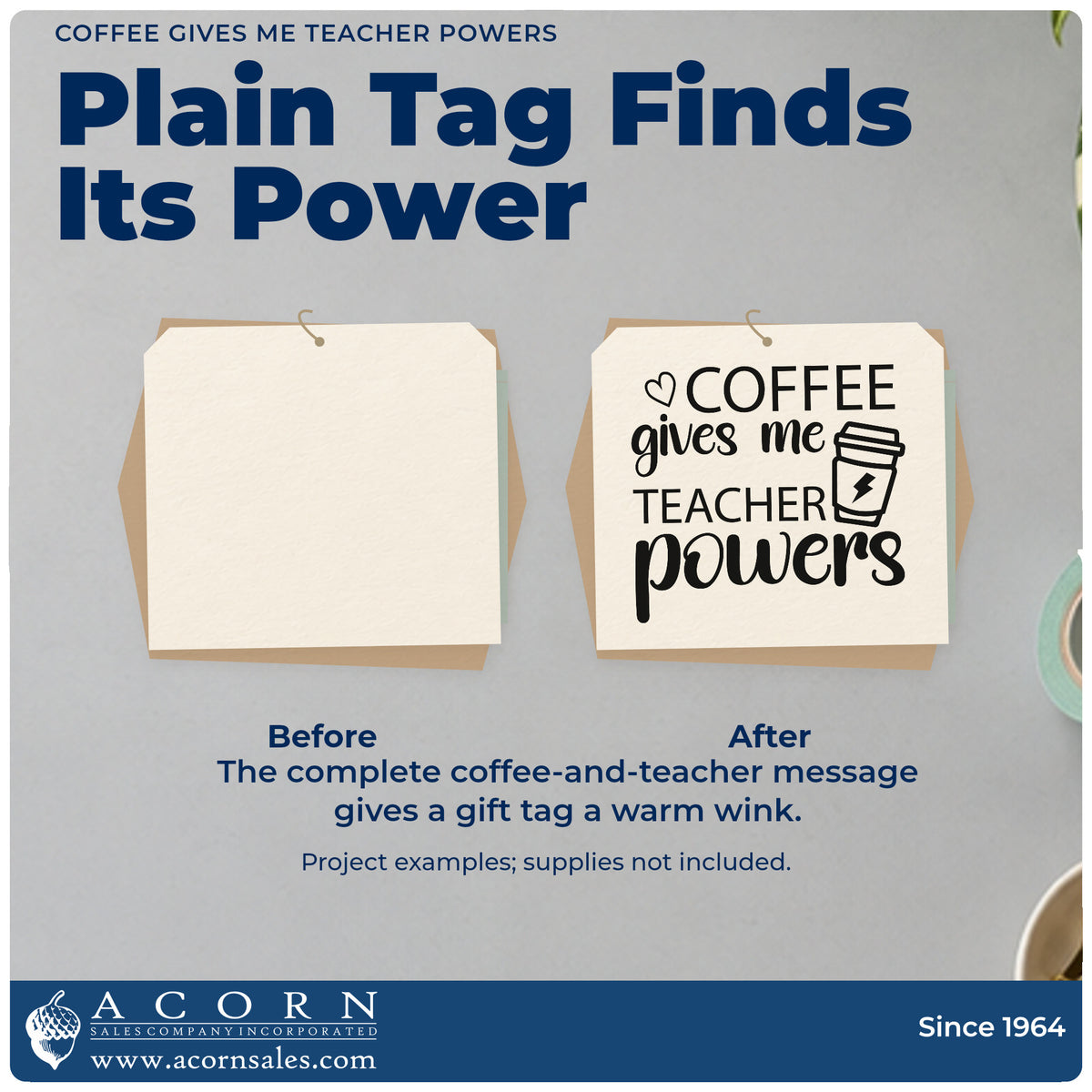 Before and after of a plain item finished with the Self-Inking Coffee Gives Me Teacher Powers With Hearts Stamp, a quick upgrade for charger bag seals.