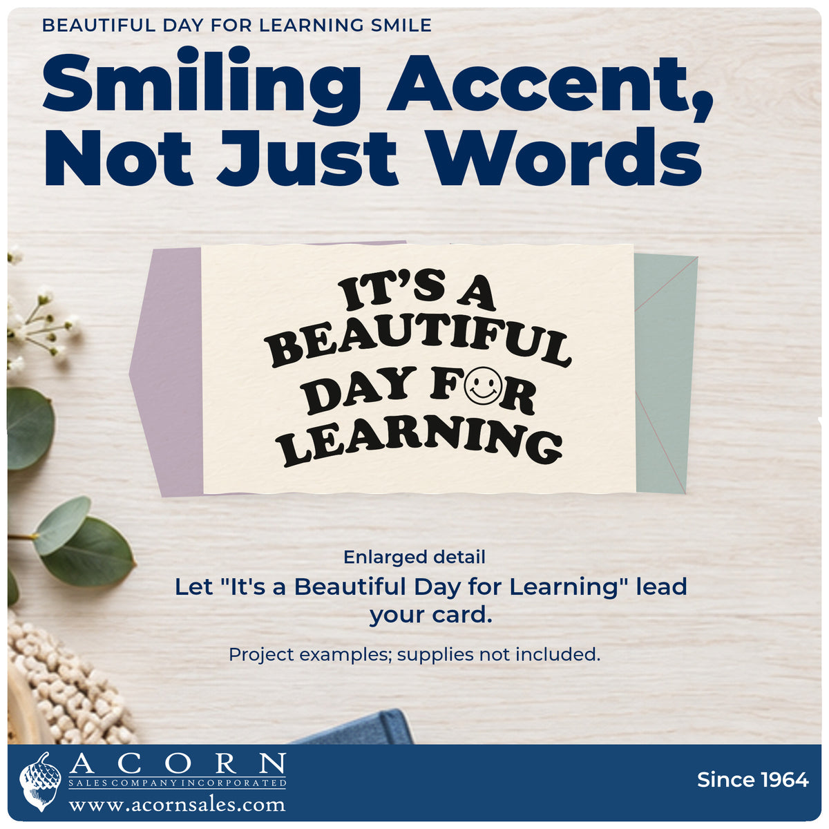 Enlarged detail of the Premium Wooden Beautiful Day For Learning Smile Stamp – Vintage Pro imprint. Curved bold lettering reads “It's a Beautiful Day for Learning” with a small smiley in “For.”