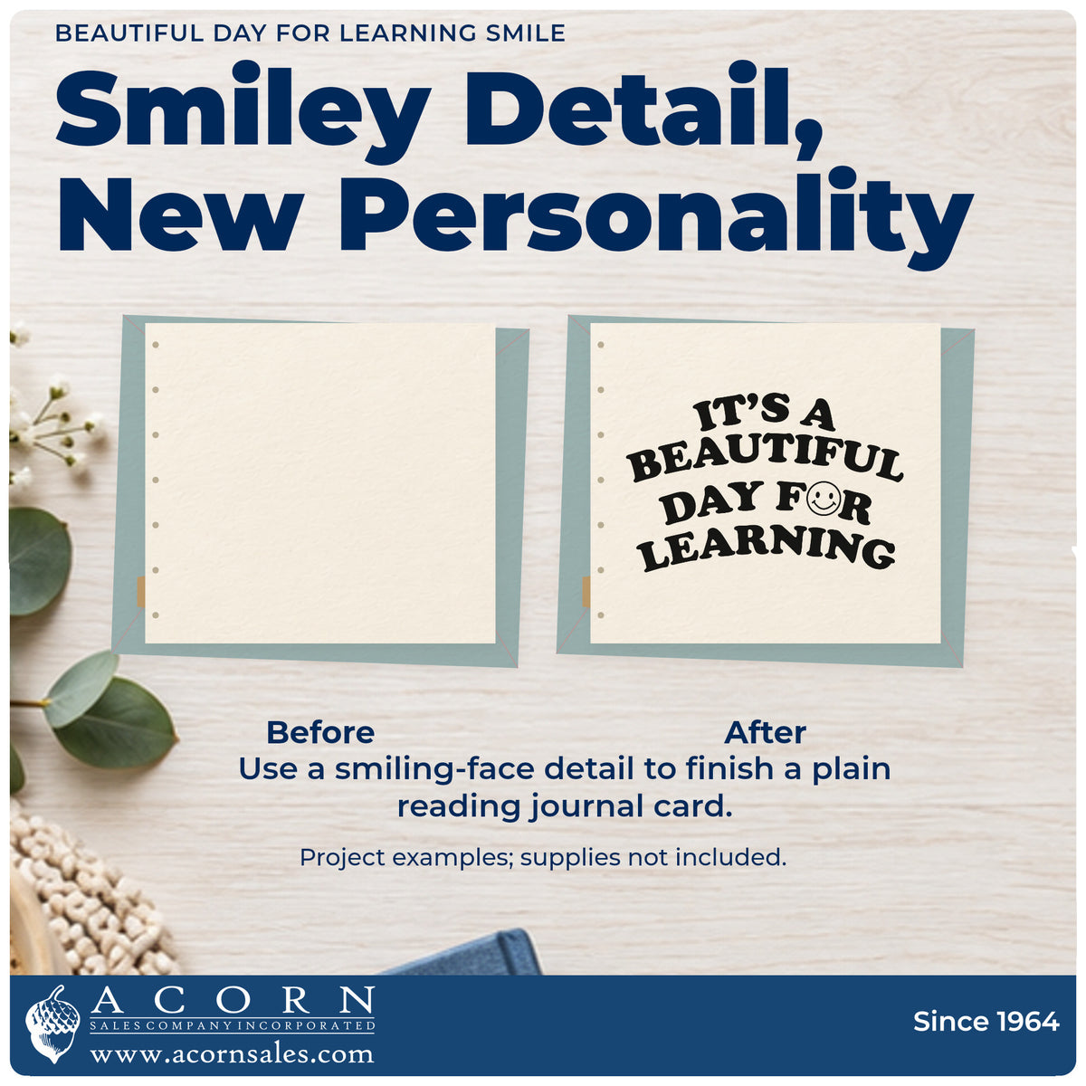 Before and after of a plain item finished with the Premium Wooden Beautiful Day For Learning Smile Stamp – Vintage Pro, a quick upgrade for postcard home seals.