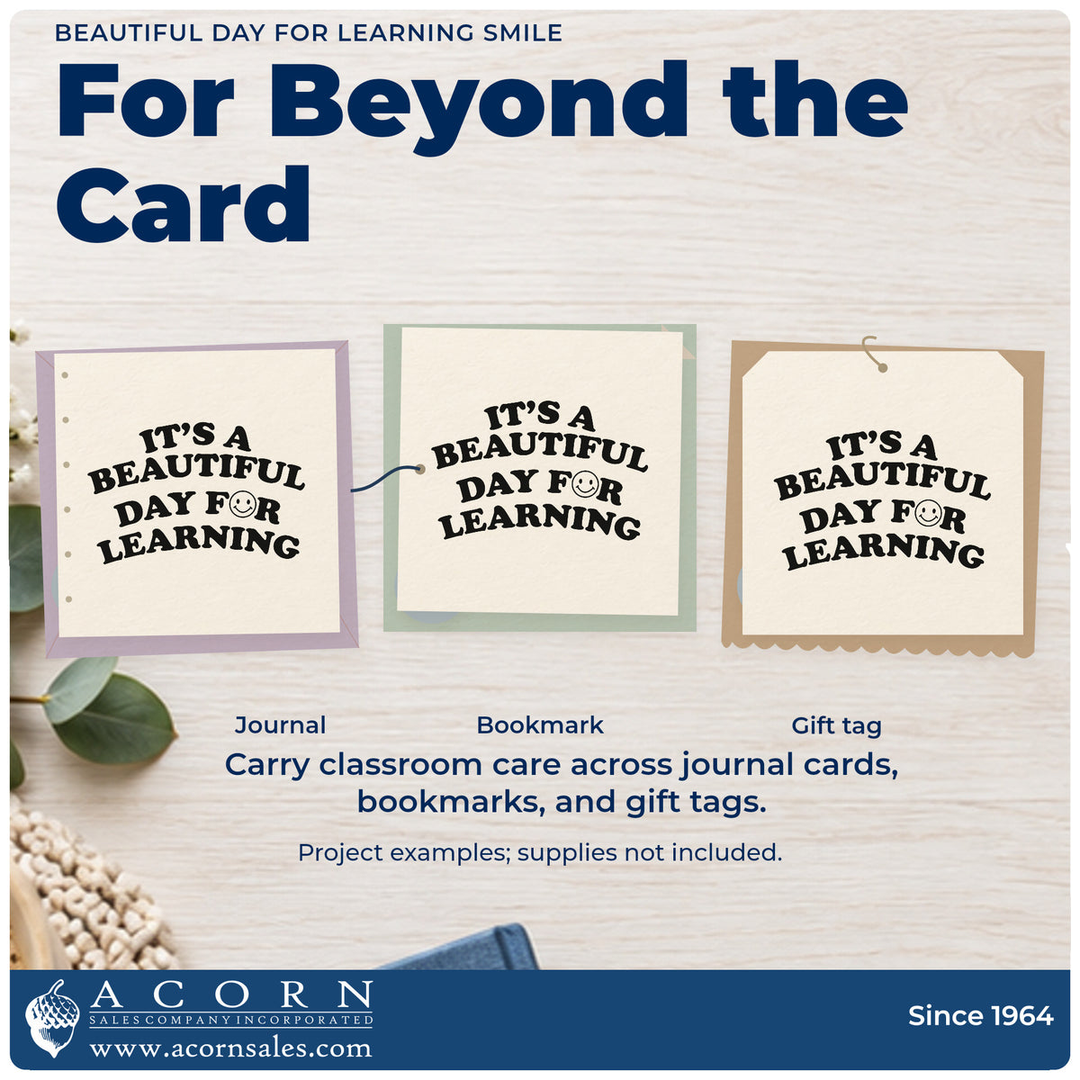 Three project examples made with the Premium Wooden Beautiful Day For Learning Smile Stamp – Vintage Pro, including sticker jar labels.