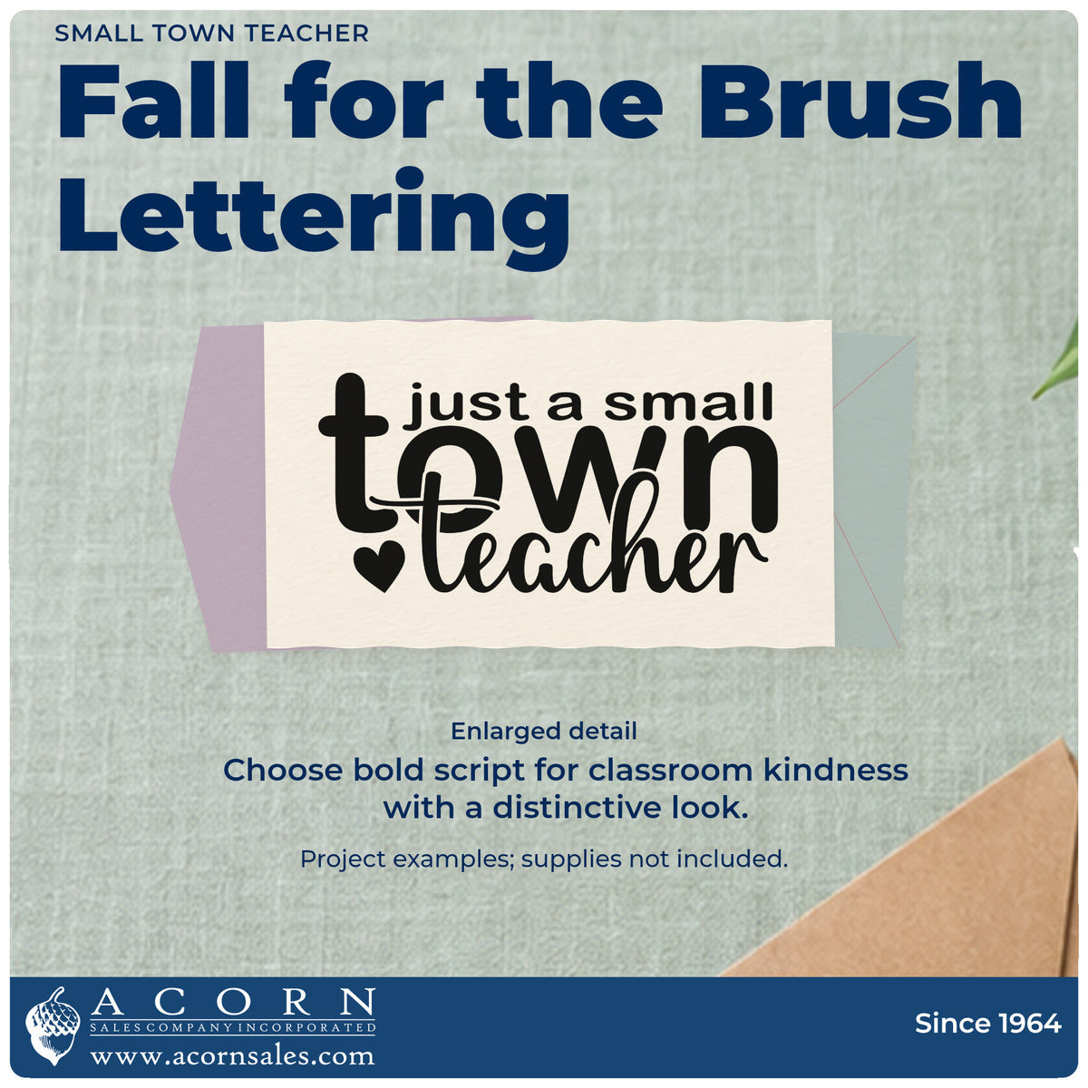 Enlarged detail of the Just A Small Town Teacher Premium Wooden Stamp – Vintage Pro imprint. “Just a Small Town Teacher” combines bold type and script with a heart.
