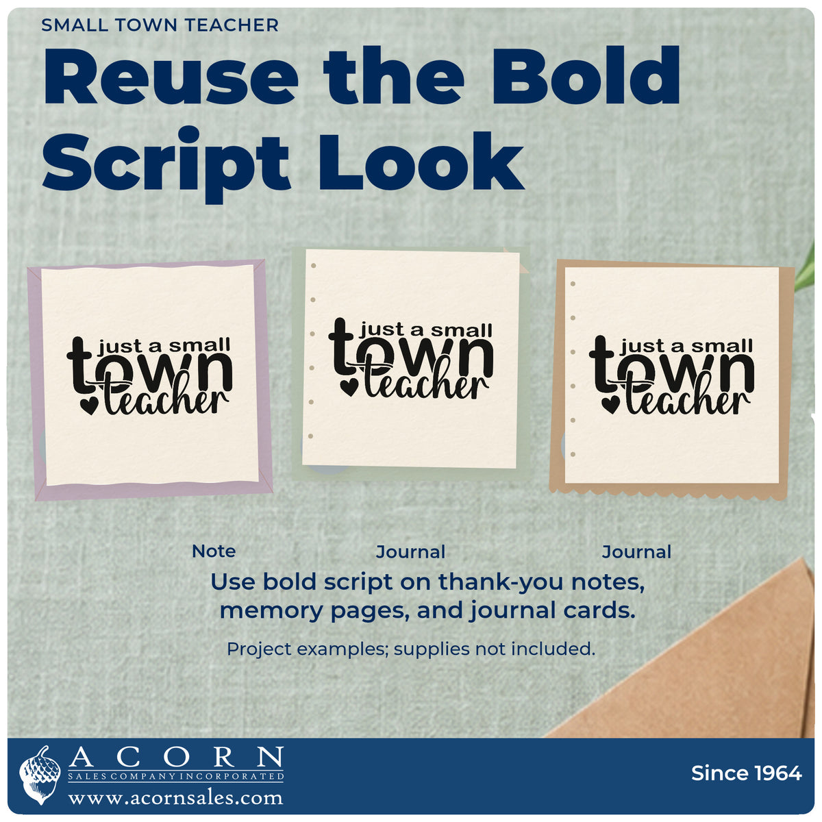 Three project examples made with the Just A Small Town Teacher Pre-Inked Stamp – PSI, including produce box labels.