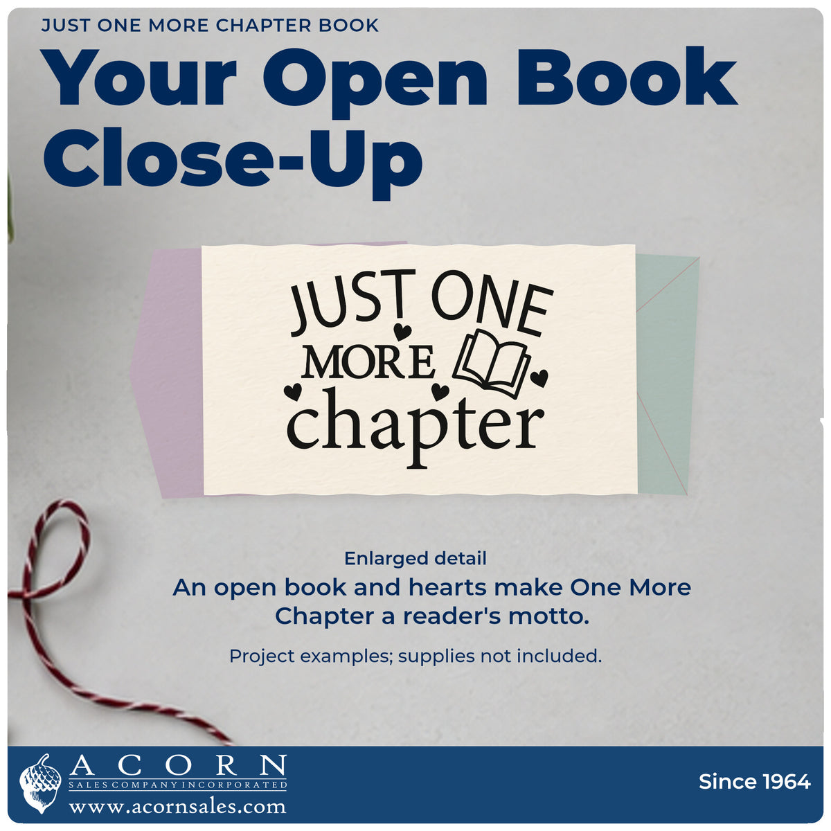 Enlarged detail of the Just One More Chapter Book With Hearts Pre-Inked Stamp – Slim imprint. “Just One More Chapter” is accented with an open book and small hearts.