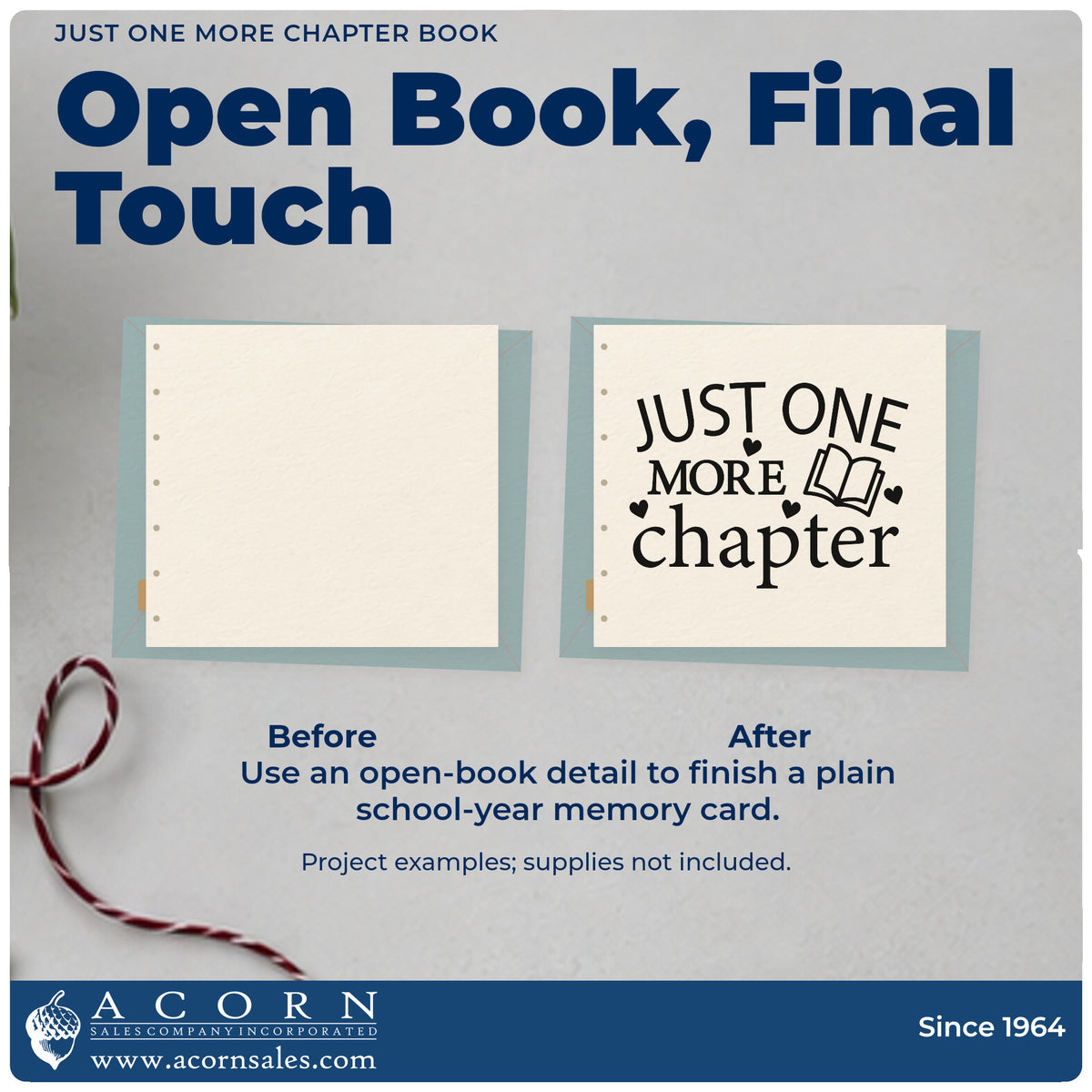 Before and after of a plain item finished with the Just One More Chapter Book With Hearts Pre-Inked Stamp – Slim, a quick upgrade for reading bag seals.