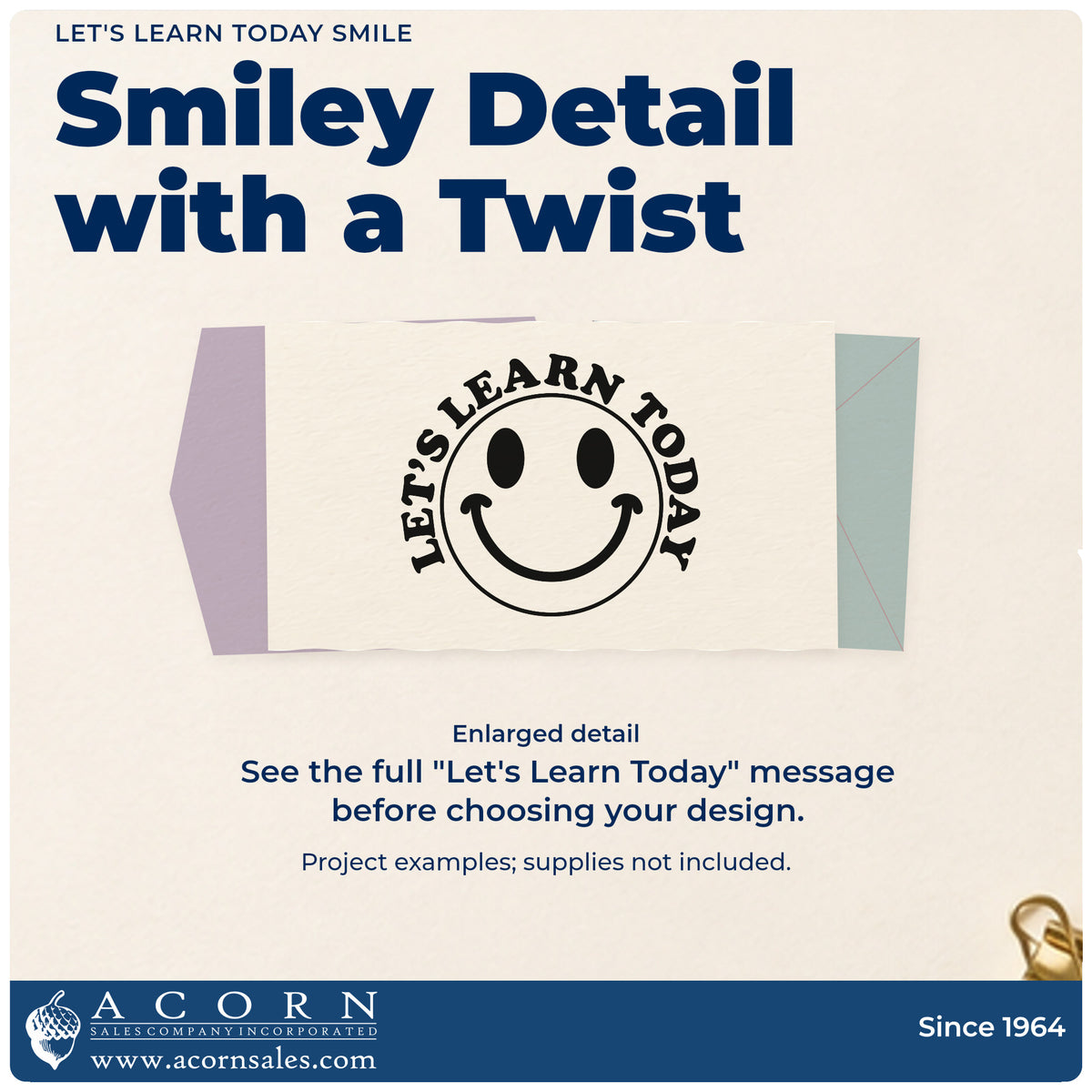 Enlarged detail of the Learn Today Smiley Word Art PSI Pre-Inked Stamp imprint. “Let's Learn Today” curves around a large smiling face.