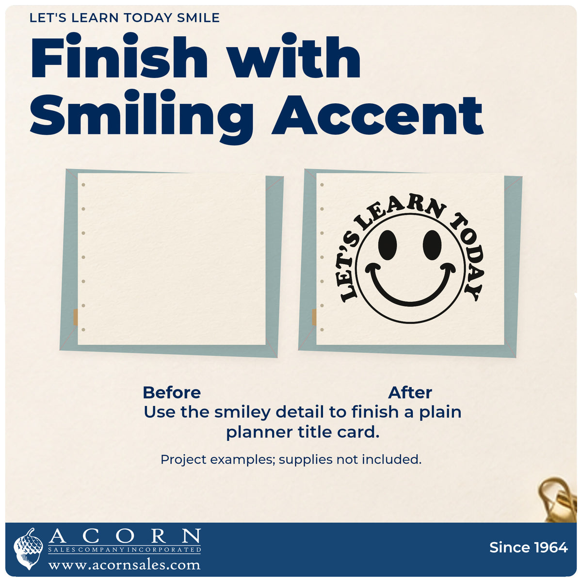 Before and after of a plain item finished with the Learn Today Smiley Word Art Self-Inking Stamp, a quick upgrade for starter pack seals.