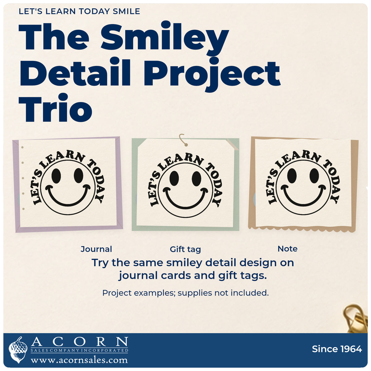 Three project examples made with the Learn Today Smiley Word Art Rubber Stamp – Duo Hand, including coat peg labels.