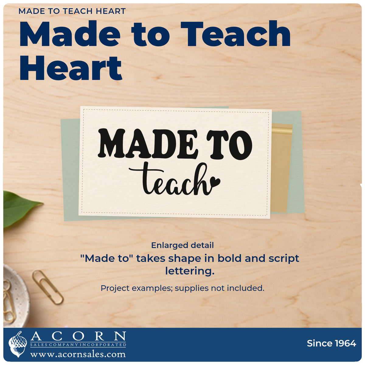 Enlarged detail of the PSI Pre-Inked Made To Teach Heart Script Lettering Stamp imprint. Bold “Made to” sits above script “Teach” and a small solid heart.