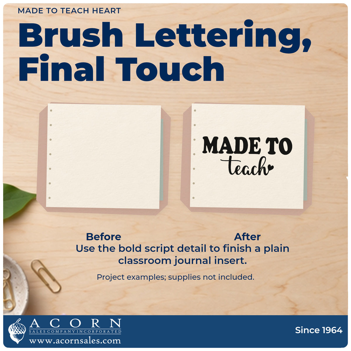 Before and after of a plain item finished with the Made To Teach Heart Script Lettering Duo Hand Stamp, a quick upgrade for offer letter seals.