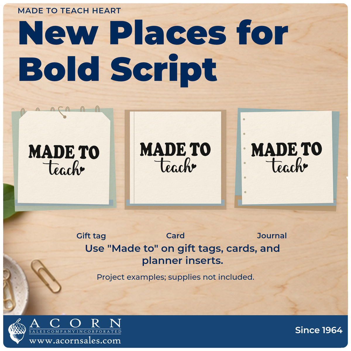 Three project examples made with the Made To Teach Heart Script Lettering Duo Hand Stamp, including study shelf labels.