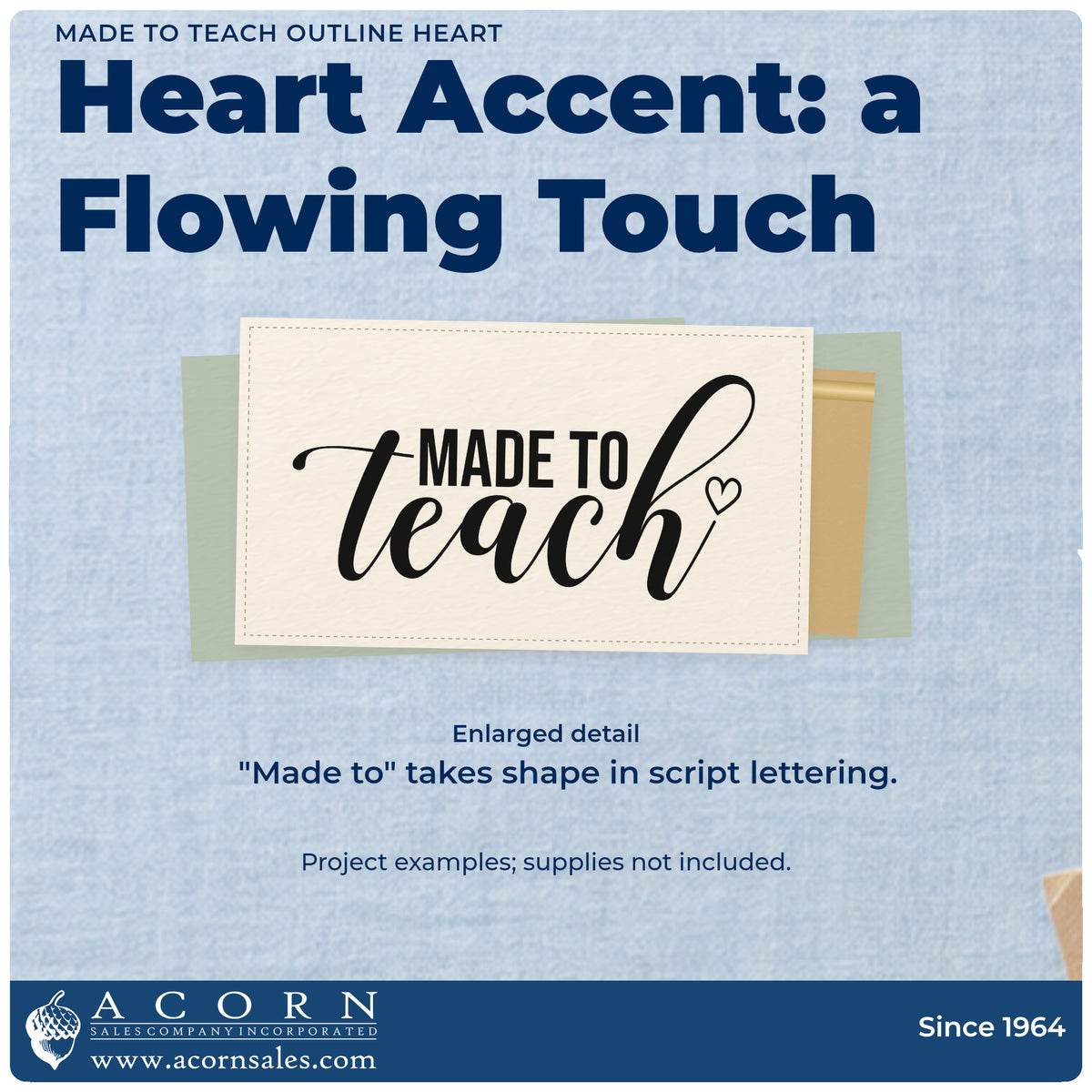Enlarged detail of the Made To Teach Outline Heart Premium Wooden Stamp – Vintage Pro imprint. Small capitals “Made to” sit over large script “Teach” with an outlined heart.