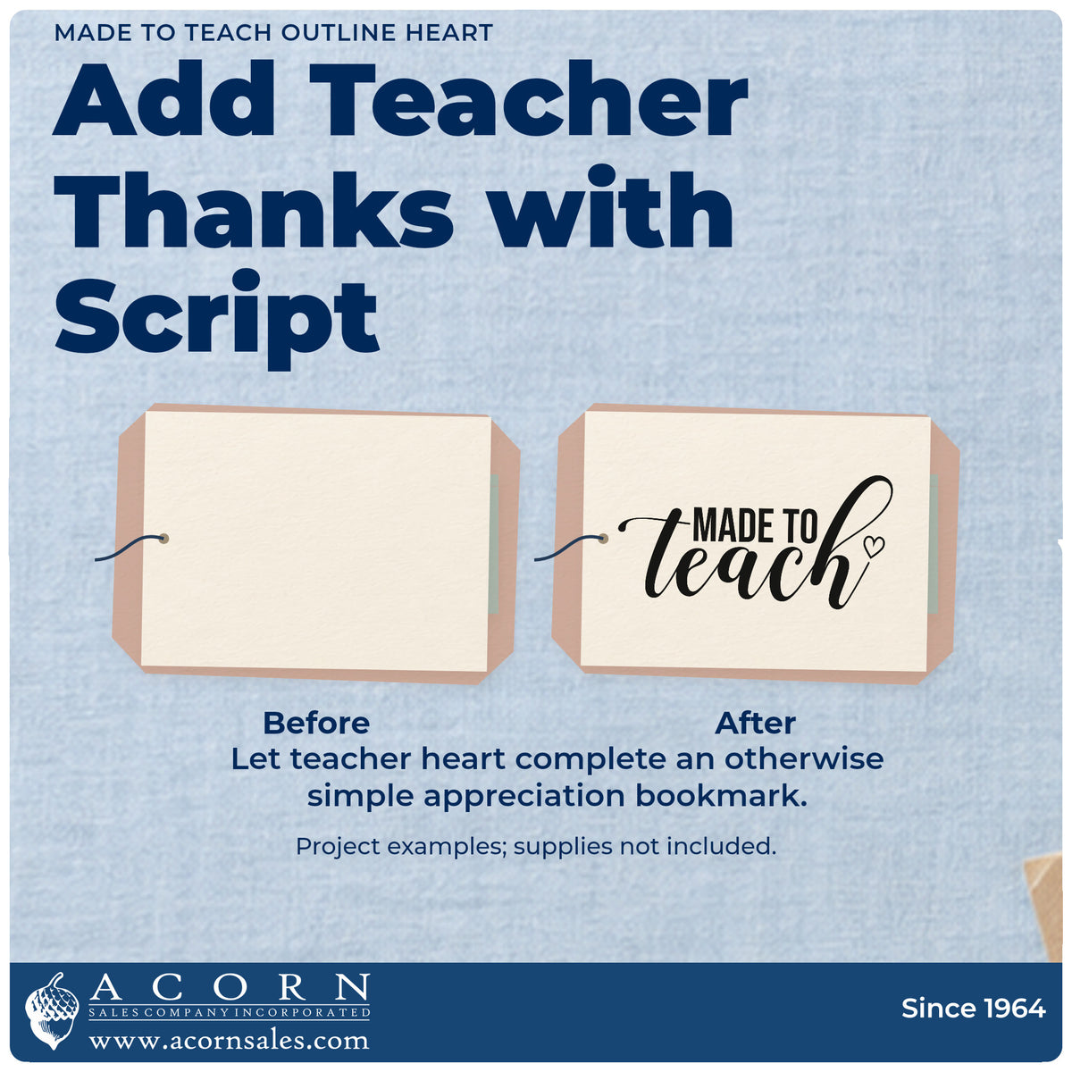 Before and after of a plain item finished with the Made To Teach Outline Heart Rubber Stamp – Duo Hand, a quick upgrade for card blank seals.