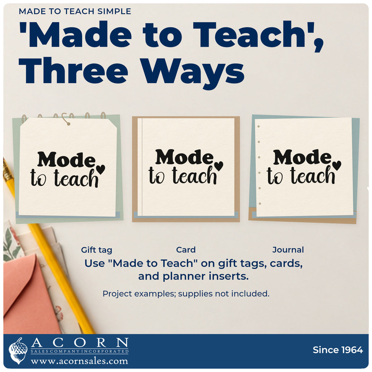 Three project examples made with the Made To Teach Self-Inking Stamp, including ink pad labels.