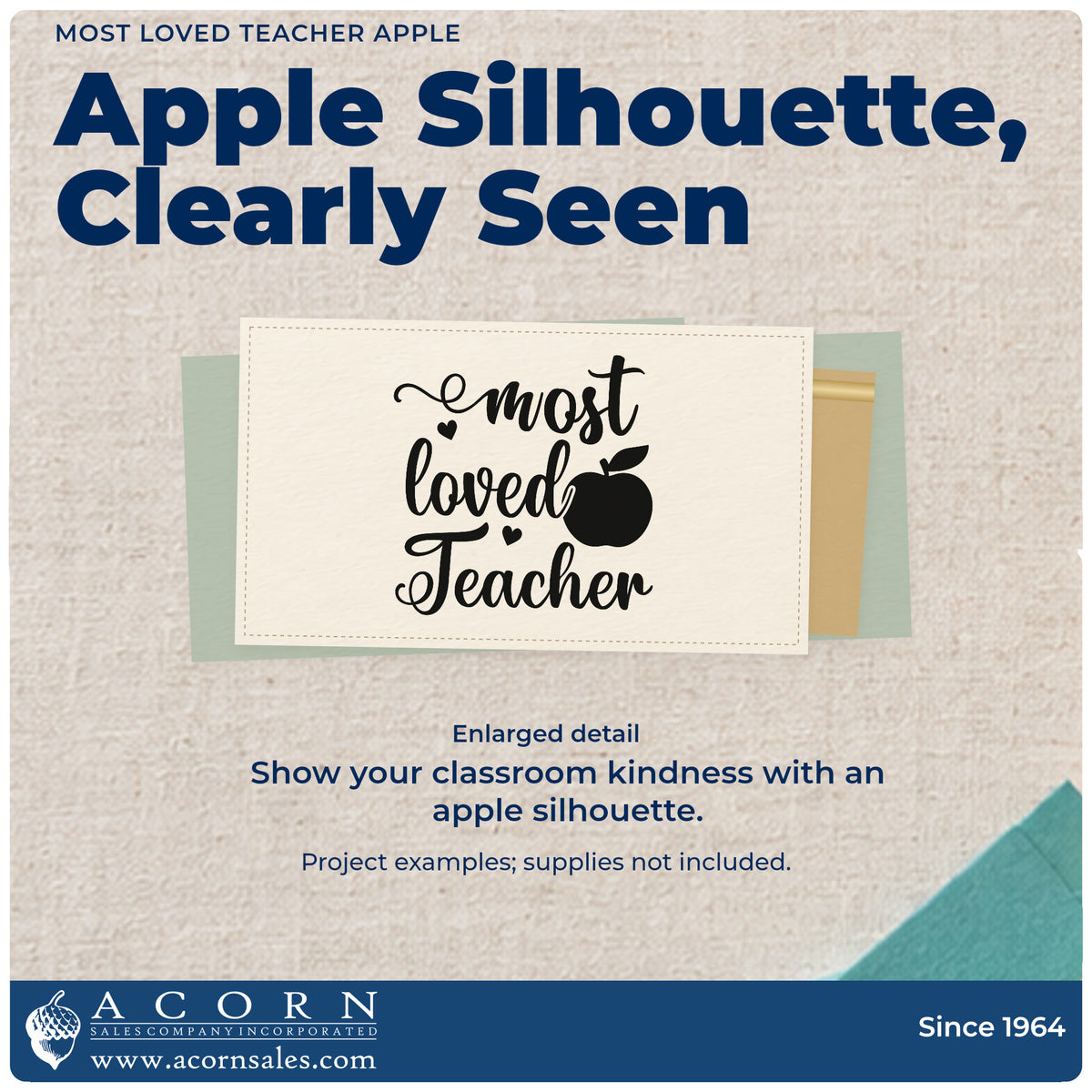 Enlarged detail of the Most Loved Teacher Apple With Hearts Premium Wood-Mounted Stamp – Vintage Pro imprint. “Most Loved Teacher” features a large apple and small hearts.