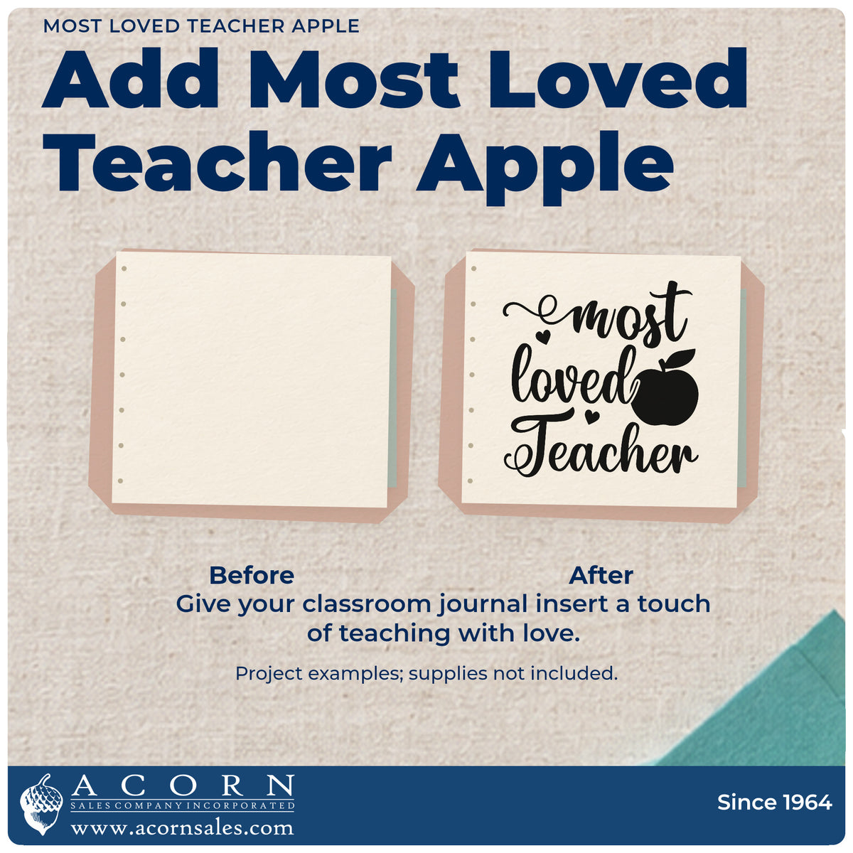 Before and after of a plain item finished with the Most Loved Teacher Apple With Hearts Rubber Stamp – Wood Handle, a quick upgrade for ballot fold seals.