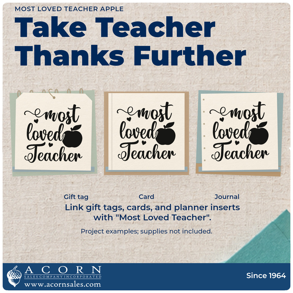 Three project examples made with the Most Loved Teacher Apple With Hearts Premium Wood-Mounted Stamp – Vintage Pro, including gift pile labels.