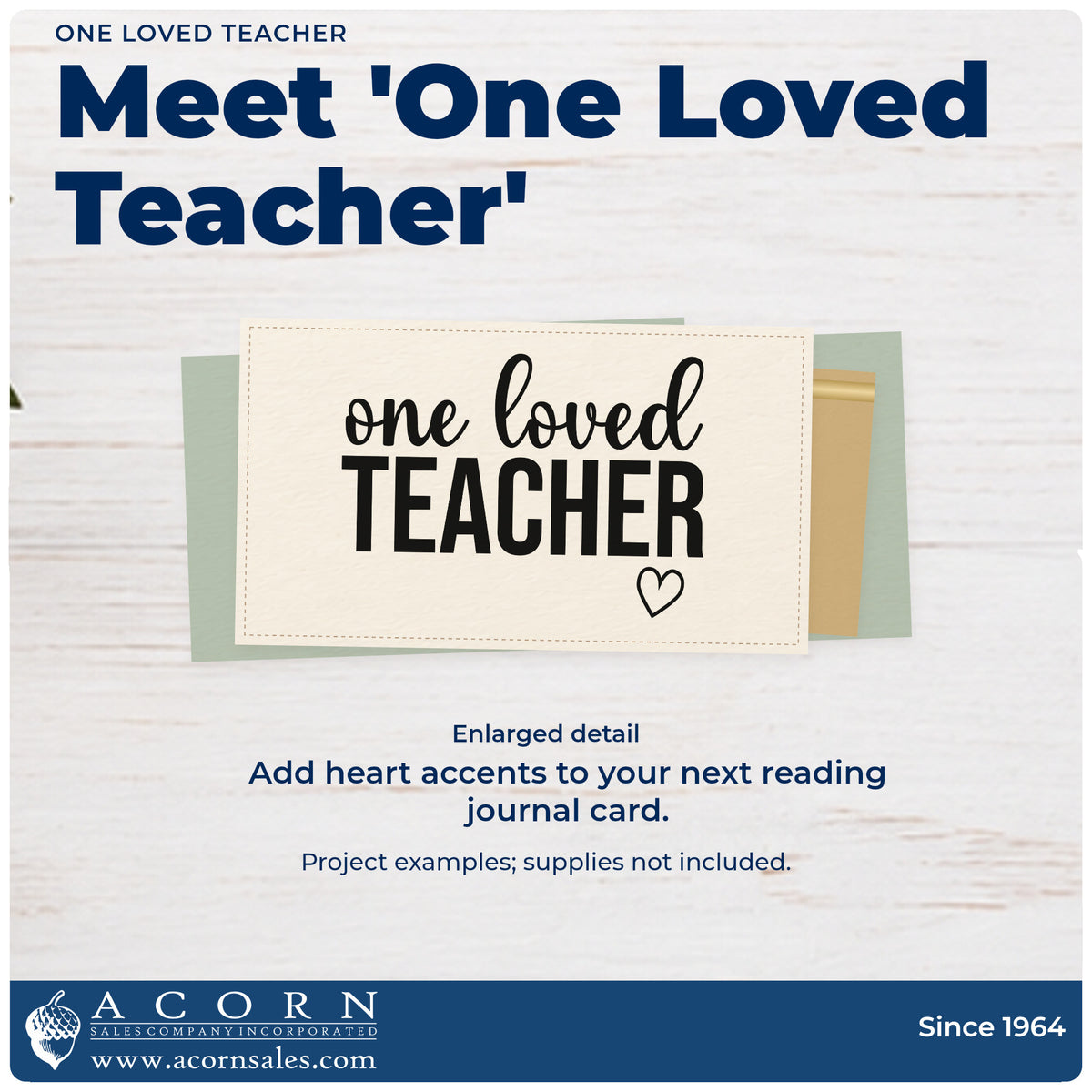 Enlarged detail of the Premium Wooden One Loved Teacher With Hearts Stamp – Vintage Pro imprint. “One Loved Teacher” combines script and tall capitals with an outlined heart below.