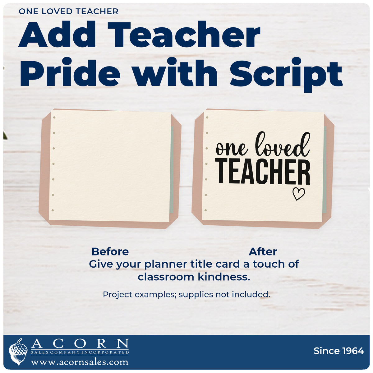 Before and after of a plain item finished with the Premium Wooden One Loved Teacher With Hearts Stamp – Vintage Pro, a quick upgrade for nominee pack seals.