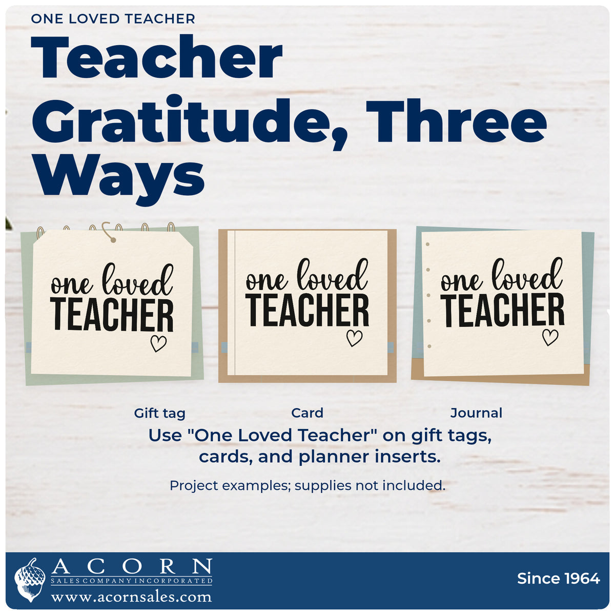 Three project examples made with the Premium Wooden One Loved Teacher With Hearts Stamp – Vintage Pro, including cabinet shelf labels.