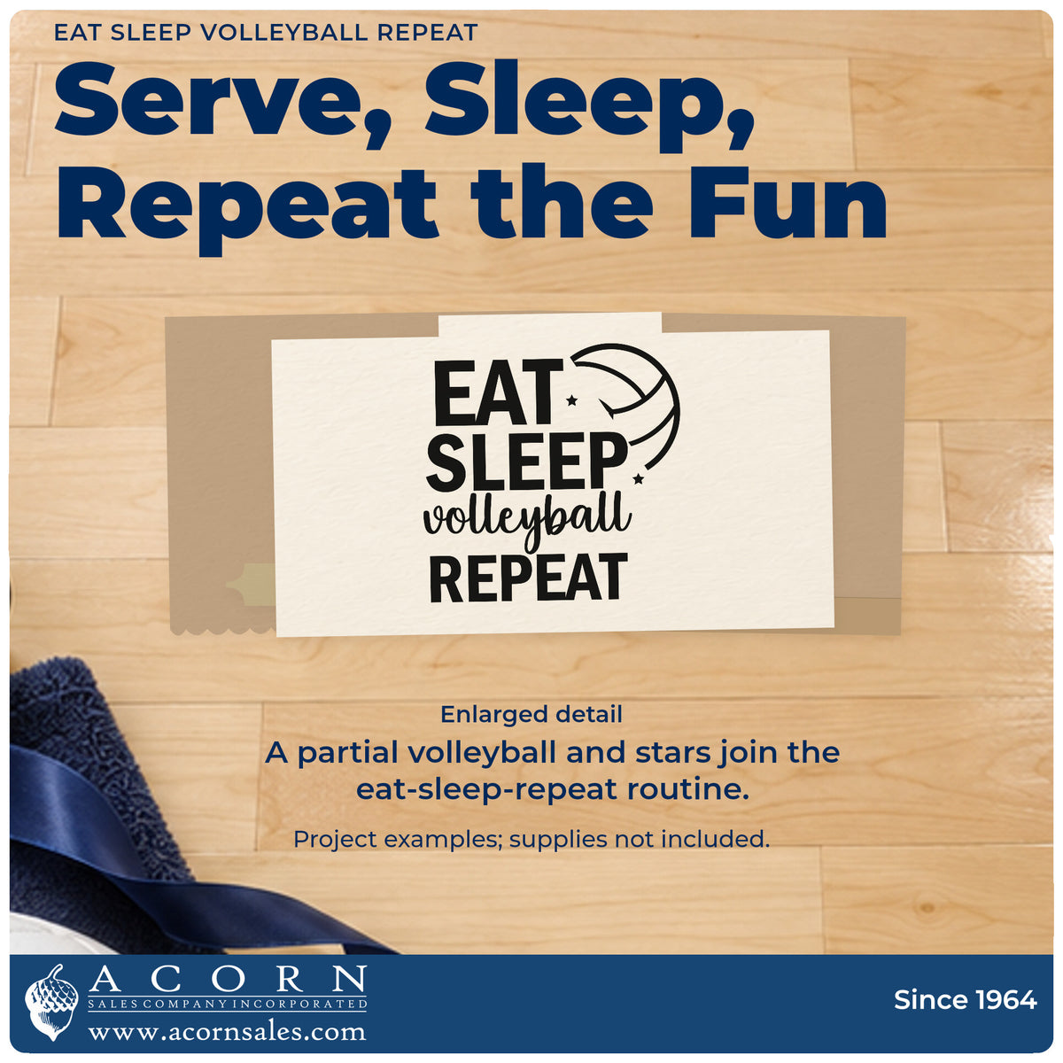 Enlarged detail of the Eat Sleep Volleyball Repeat Wood Handle Stamp imprint. “Eat Sleep Volleyball Repeat” appears with a partial volleyball and small stars.