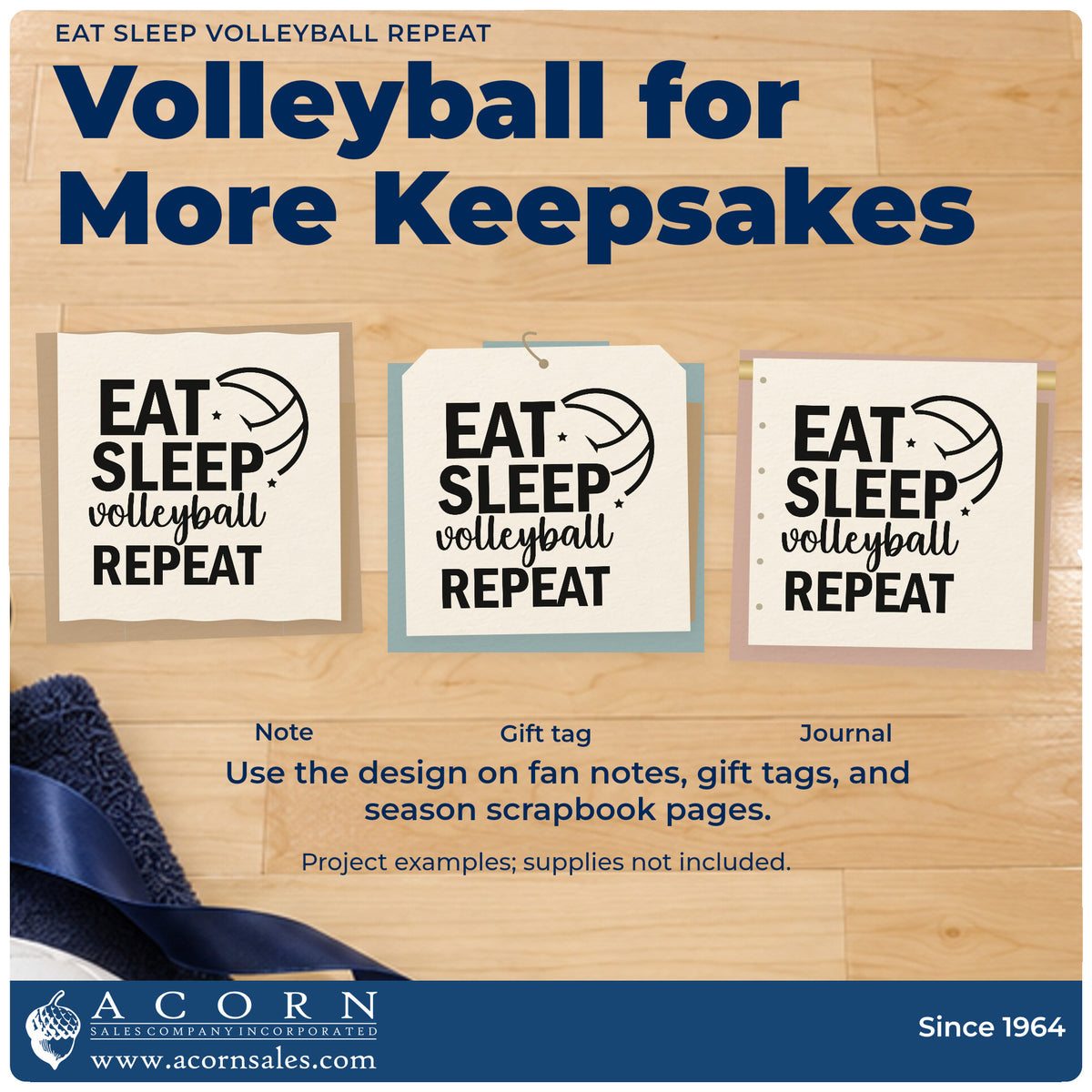 Three project examples made with the Eat Sleep Volleyball Repeat Pre-Inked Stamp – PSI, including knee pad labels.