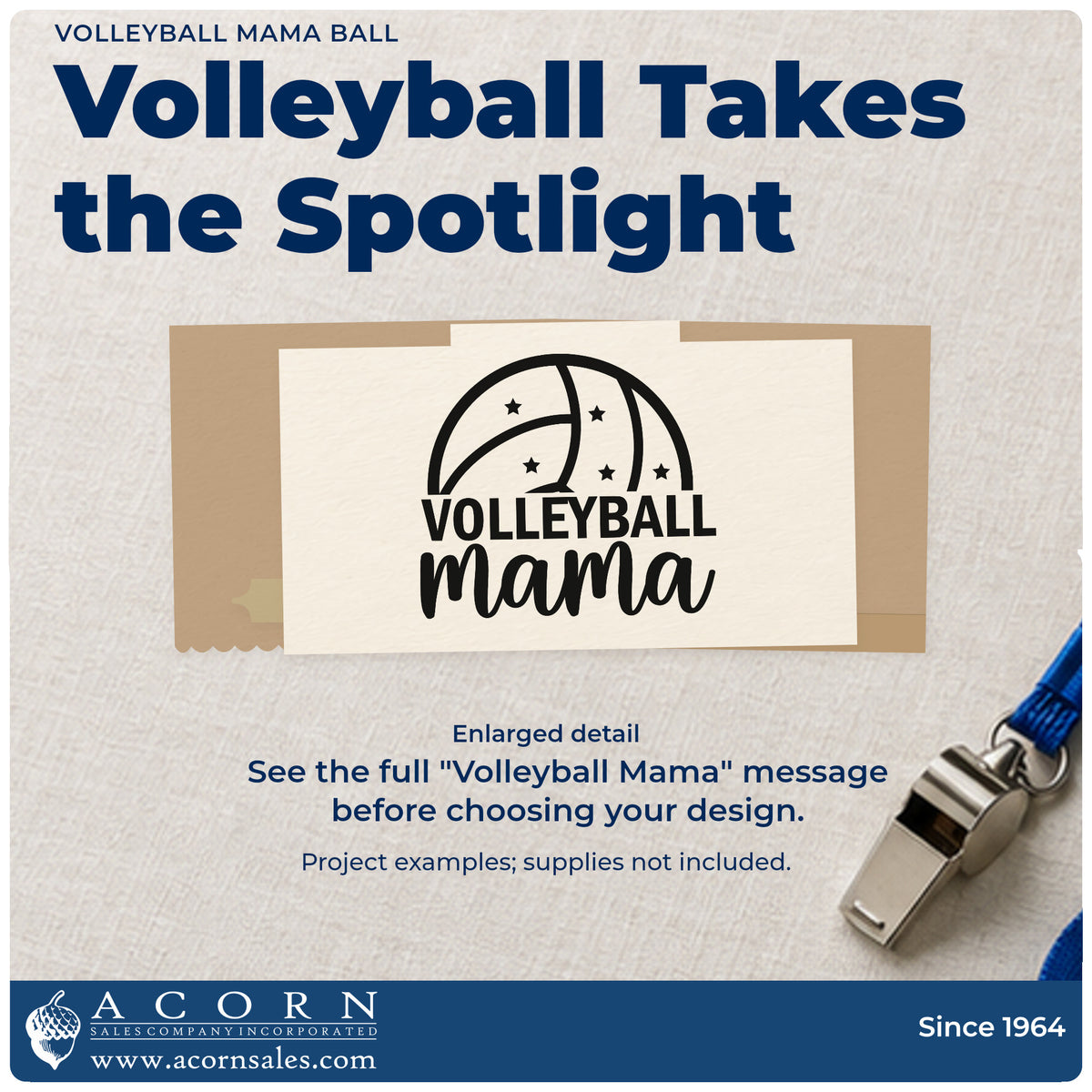 Enlarged detail of the Pre-Inked Volleyball Mama Ball With Stars Stamp – PSI imprint. “Volleyball Mama” sits below a partial volleyball dotted with stars.