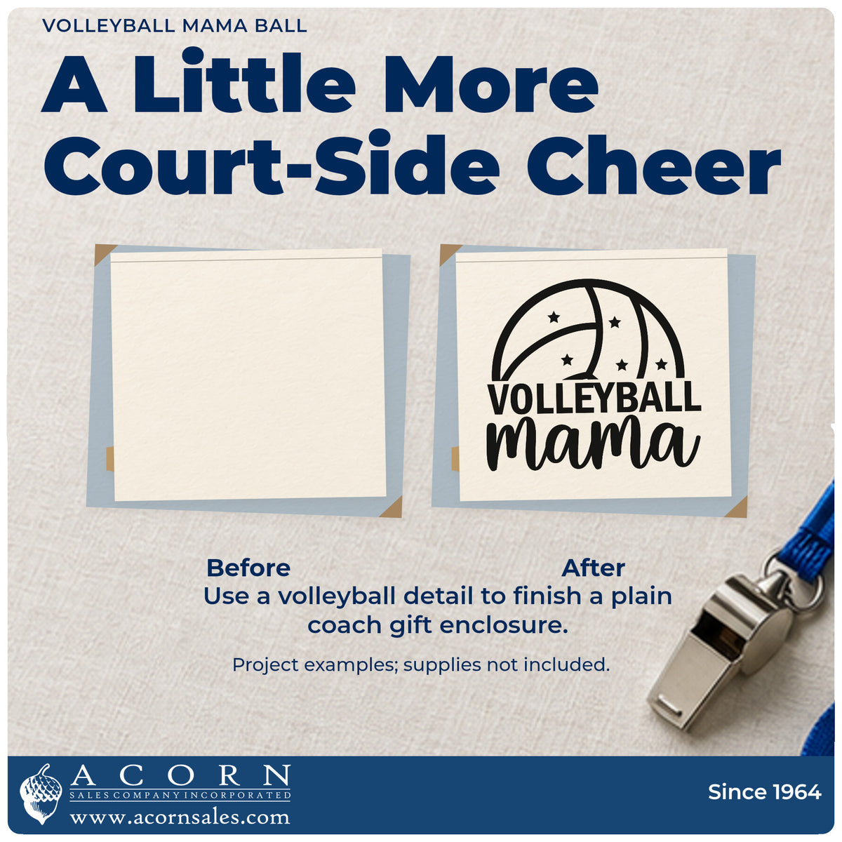Before and after of a plain item finished with the Volleyball Mama Ball With Stars Pre-Inked Stamp – Slim, a quick upgrade for fundraiser seals.
