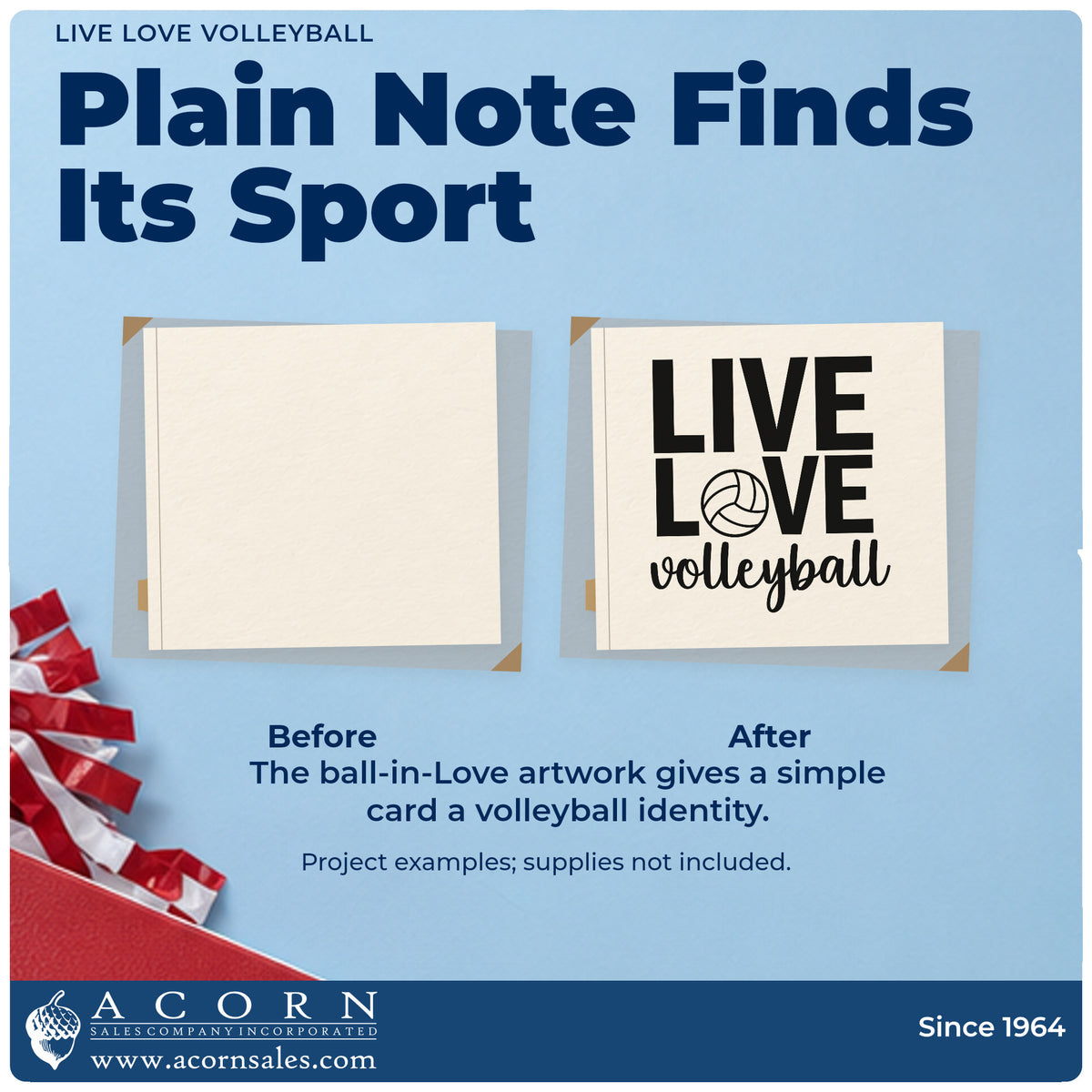 Before and after of a plain item finished with the Live Love Volleyball Ball Lettering PSI Pre-Inked Stamp, a quick upgrade for favor bag seals.