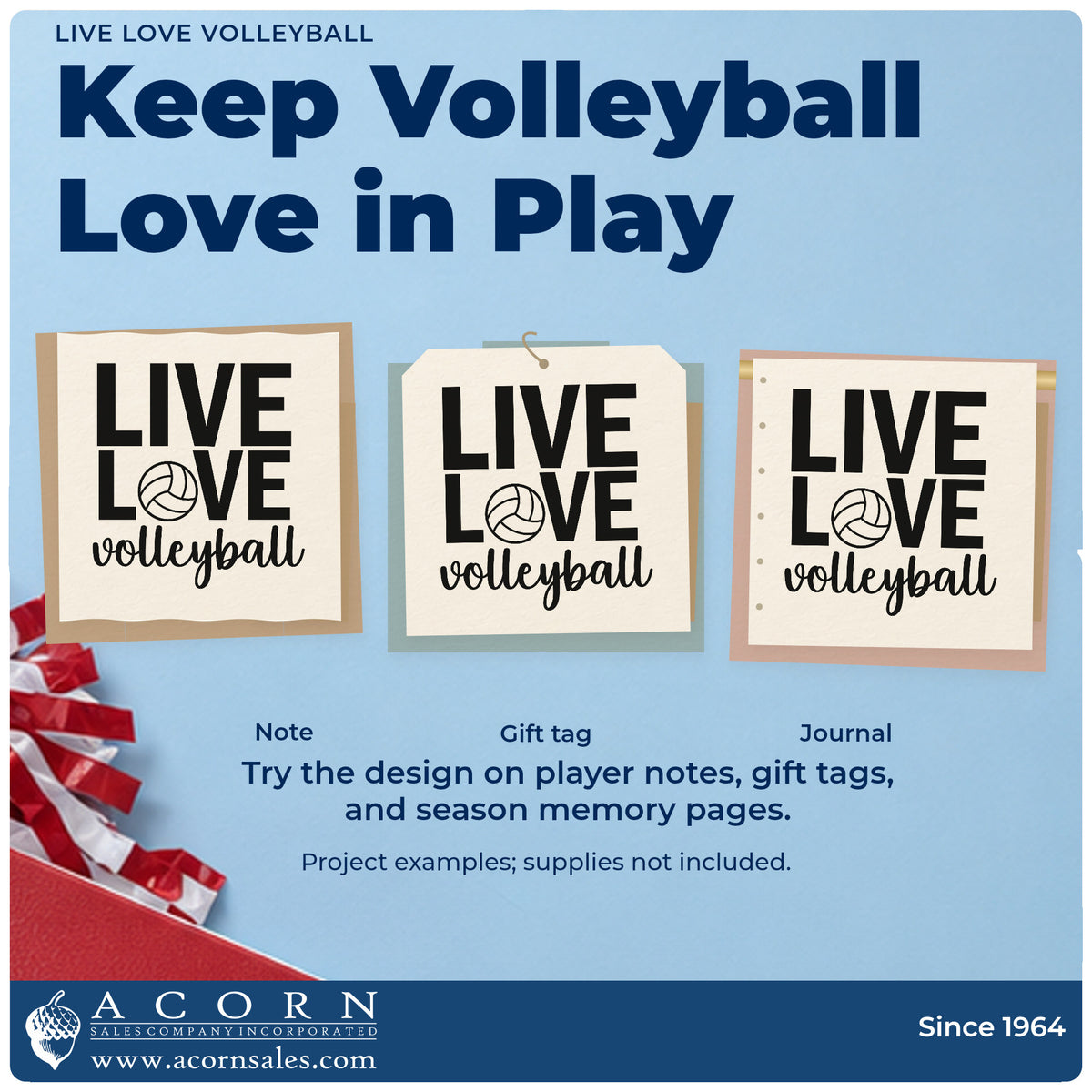 Three project examples made with the Live Love Volleyball Ball Lettering Compact Pre-Inked Stamp – Slim, including cupcake box labels.