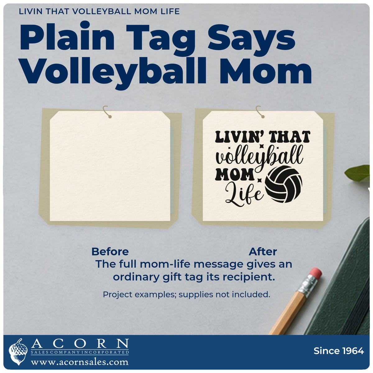 Before and after of a plain item finished with the PSI Pre-Inked Livin' That Volleyball Mom Life With Stars Stamp, a quick upgrade for travel pack seals.