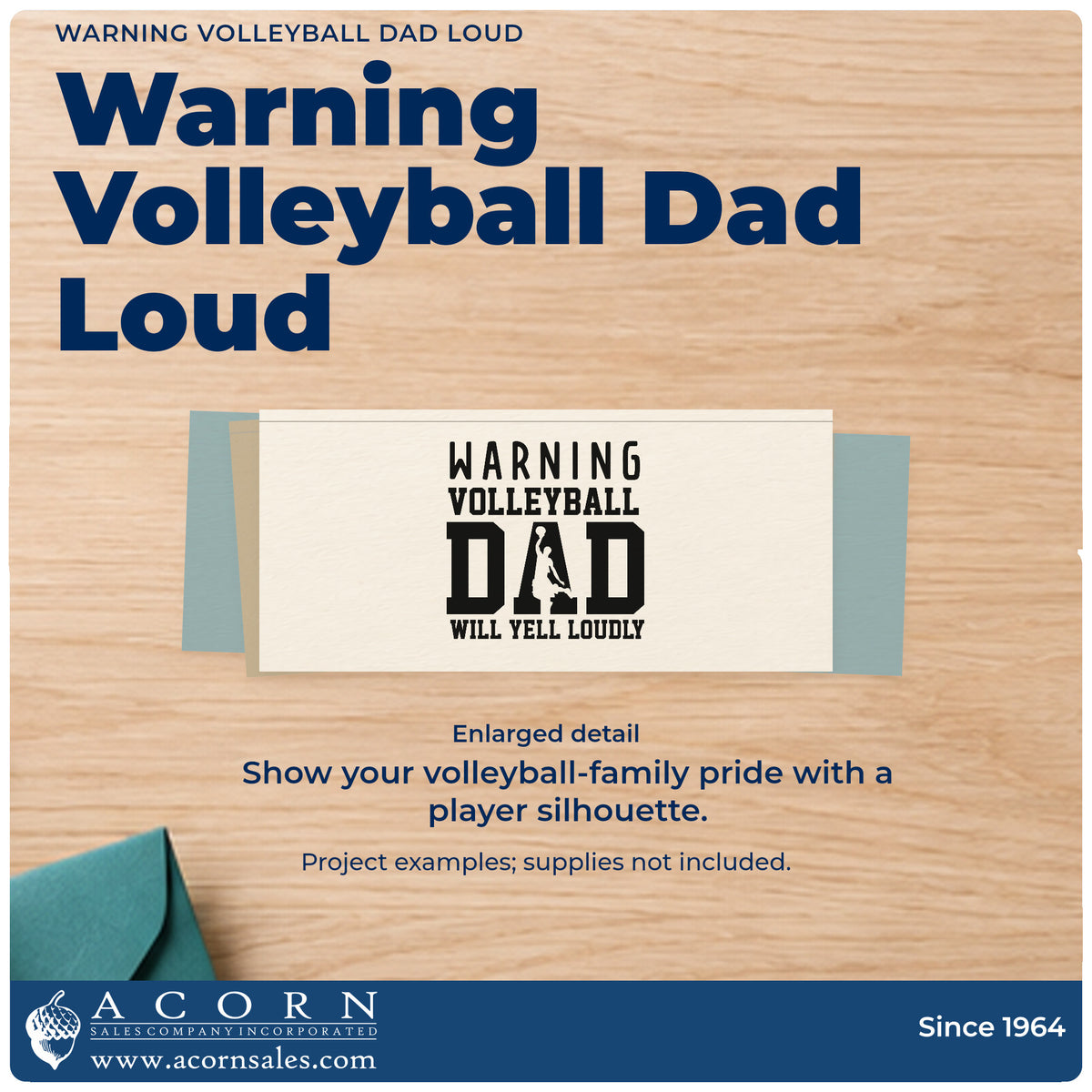 Enlarged detail of the Loud Volleyball Dad Warning Rubber Stamp – Duo Hand imprint. “Warning Volleyball Dad Will Yell Loudly” incorporates a jumping player silhouette into “Dad.”