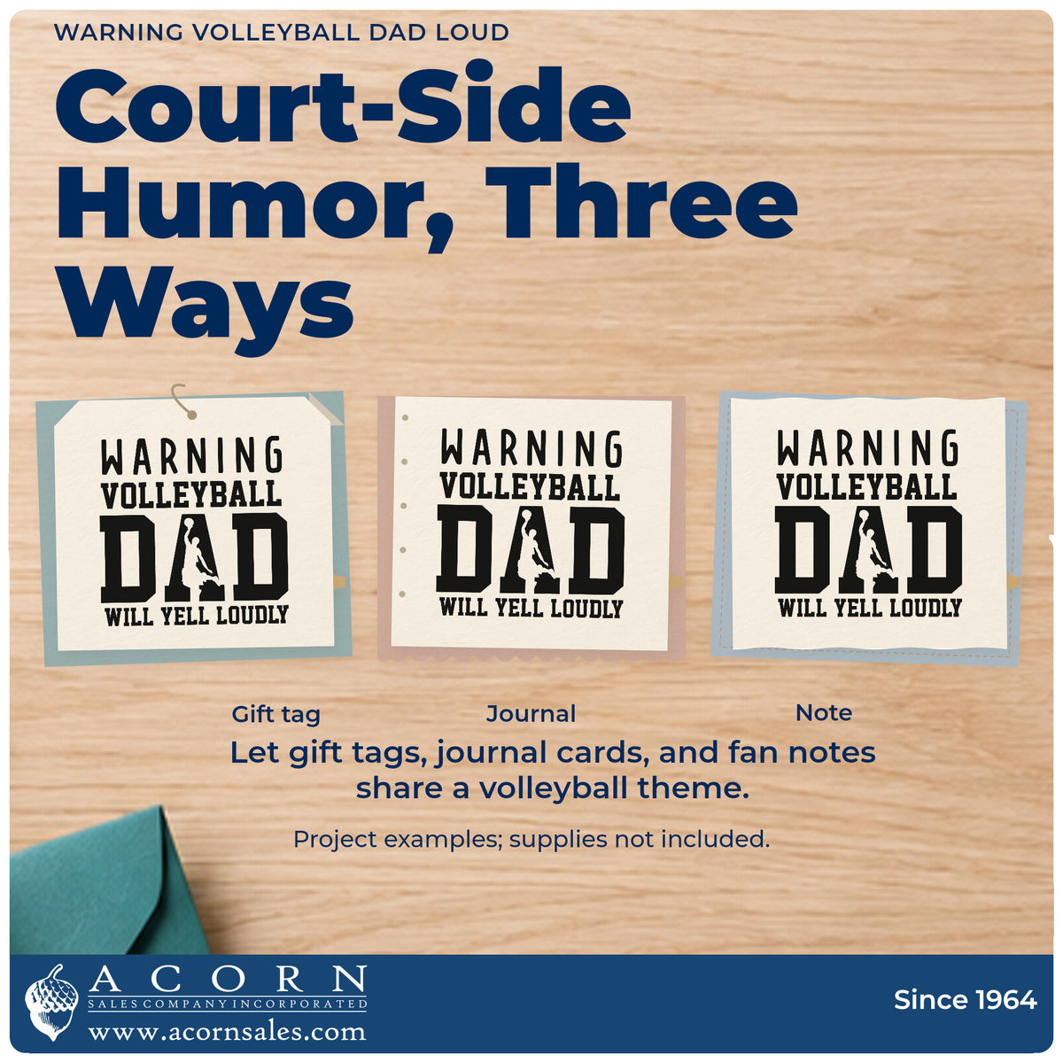 Three project examples made with the Loud Volleyball Dad Warning Premium Wood-Mounted Stamp – Vintage Pro, including bleacher snack bags.