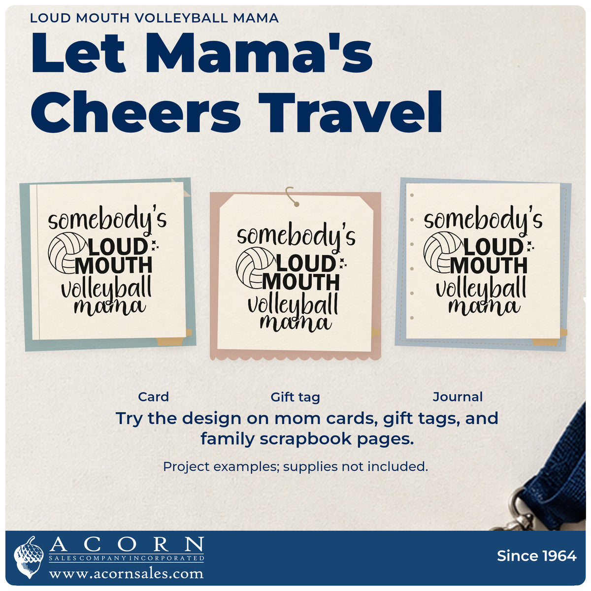 Three project examples made with the Loud Mouth Volleyball Mama Hand Stamp – Duo, including megaphone labels.