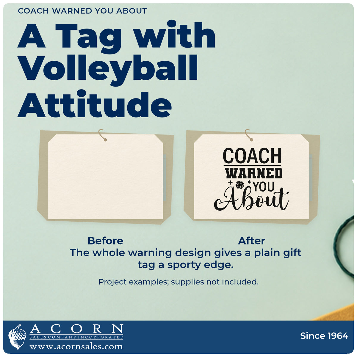 Before and after of a plain item finished with the Wood Handle Coach Warned You About Volleyball Rubber Stamp, a quick upgrade for roster fold seals.