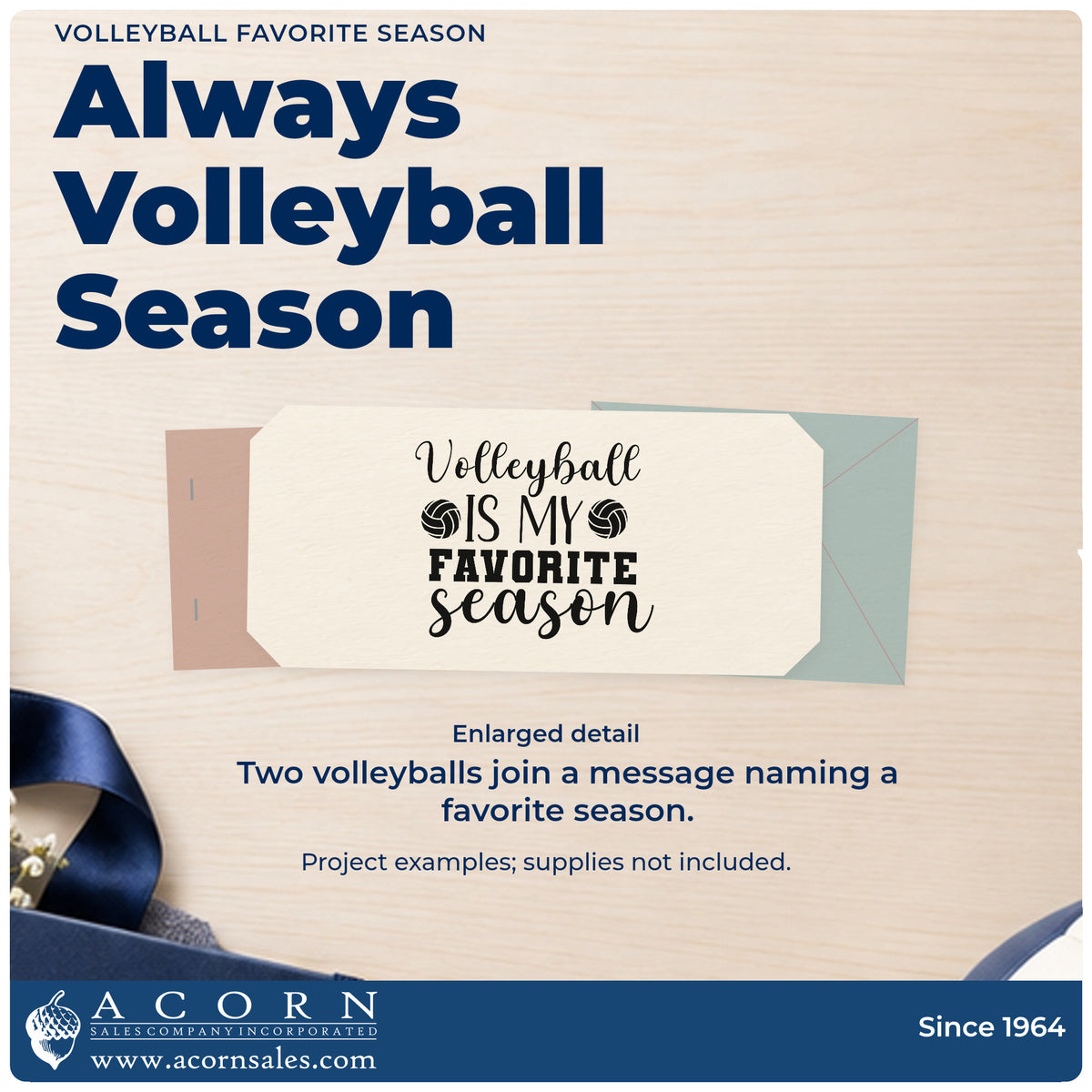 Enlarged detail of the Volleyball Is My Favorite Season Stamp – PSI Pre-Inked imprint. “Volleyball Is My Favorite Season” features two small volleyballs.