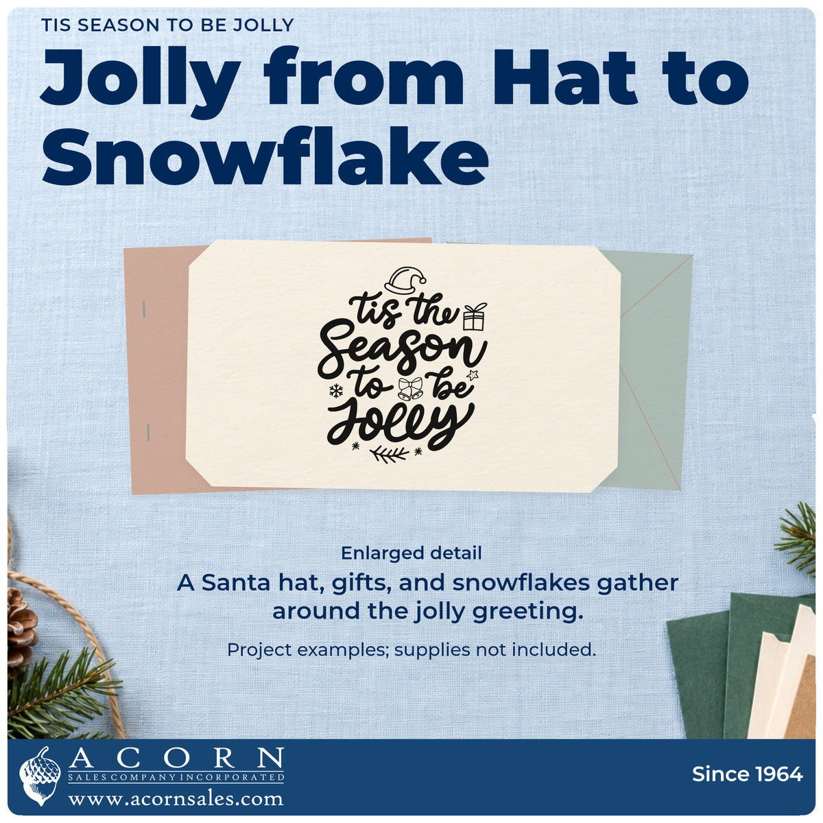 Enlarged detail of the Tis Season To Be Jolly Stamp – Self-Inking imprint. “Tis the Season to Be Jolly” is surrounded by a Santa hat, gifts, snowflakes, stars, and a leafy sprig.