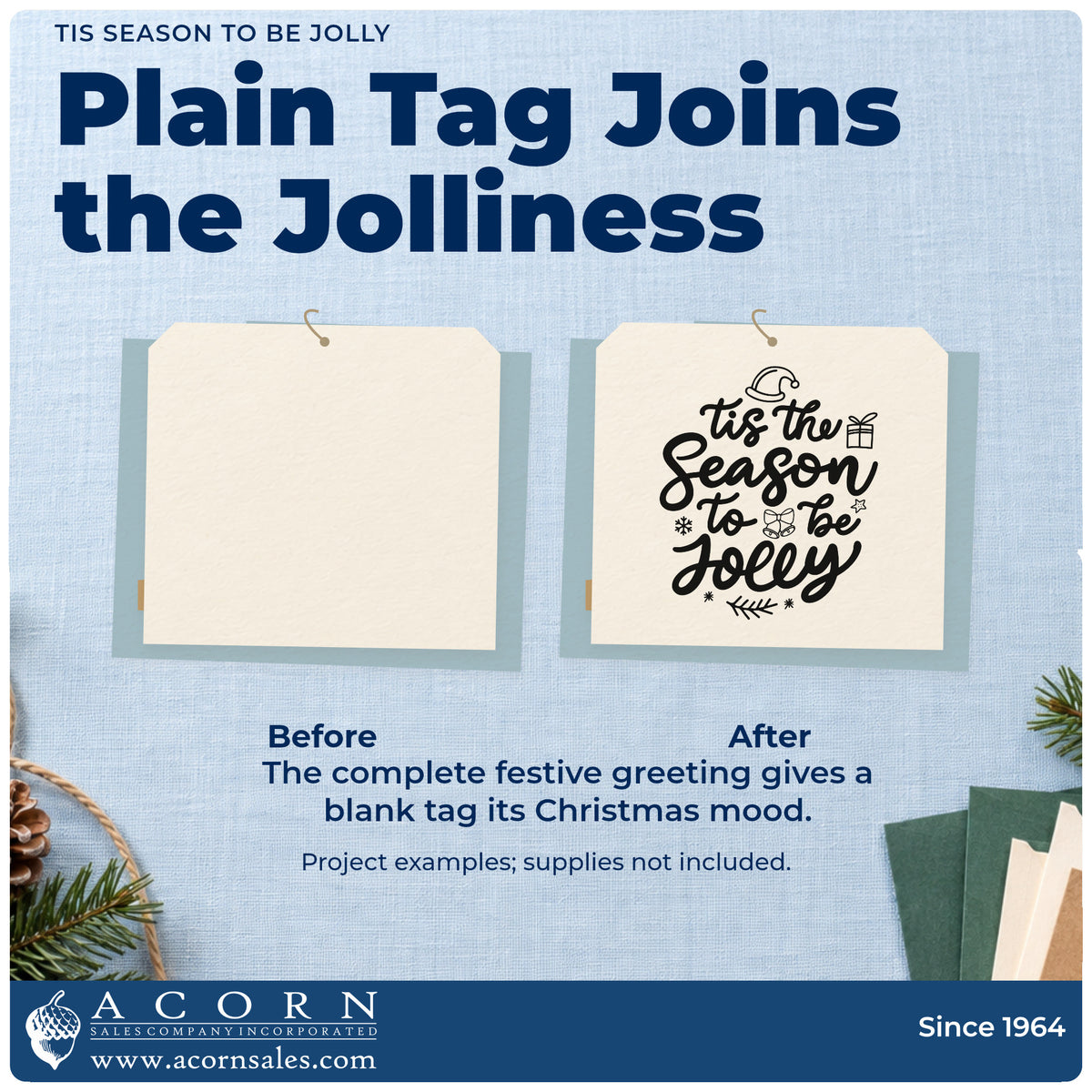 Before and after of a plain item finished with the Tis Season To Be Jolly Stamp – Self-Inking, a quick upgrade for cracker tube seals.