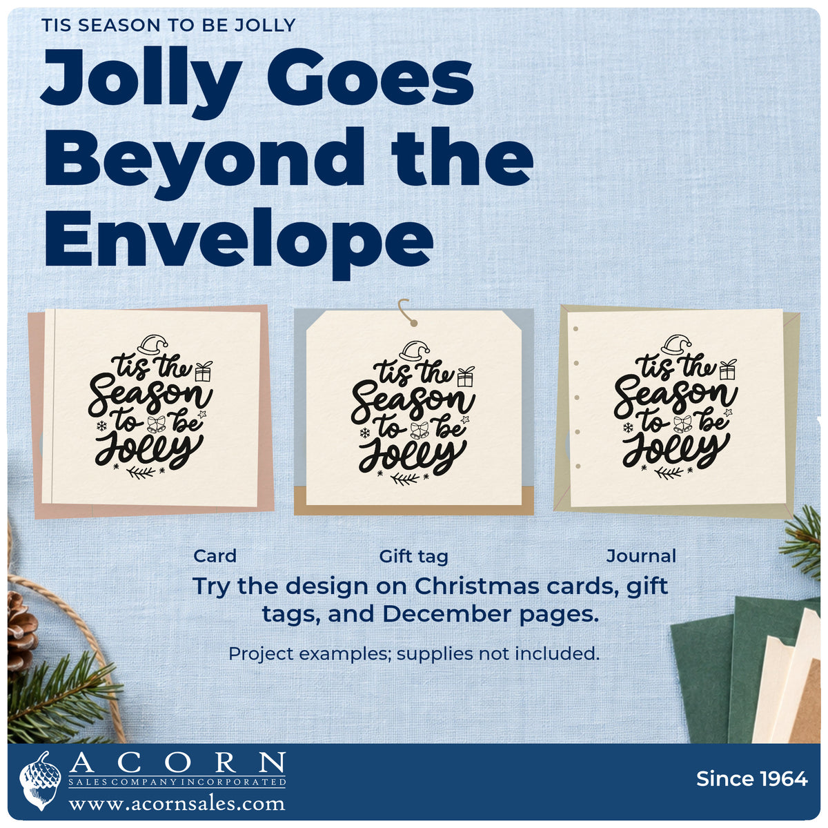 Three project examples made with the Tis Season To Be Jolly Stamp – Self-Inking, including cookie tin labels.