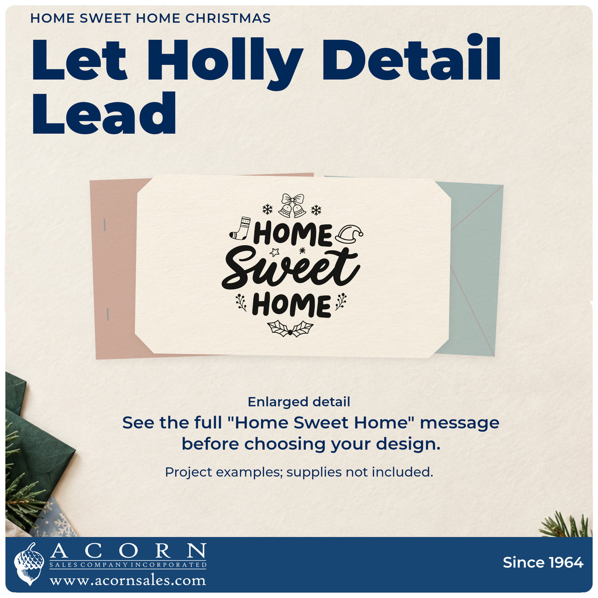 Enlarged detail of the Home Sweet Home Christmas Holly Pre-Inked Stamp – Slim imprint. “Home Sweet Home” features holiday hats, a stocking, bells, snowflakes, and holly.