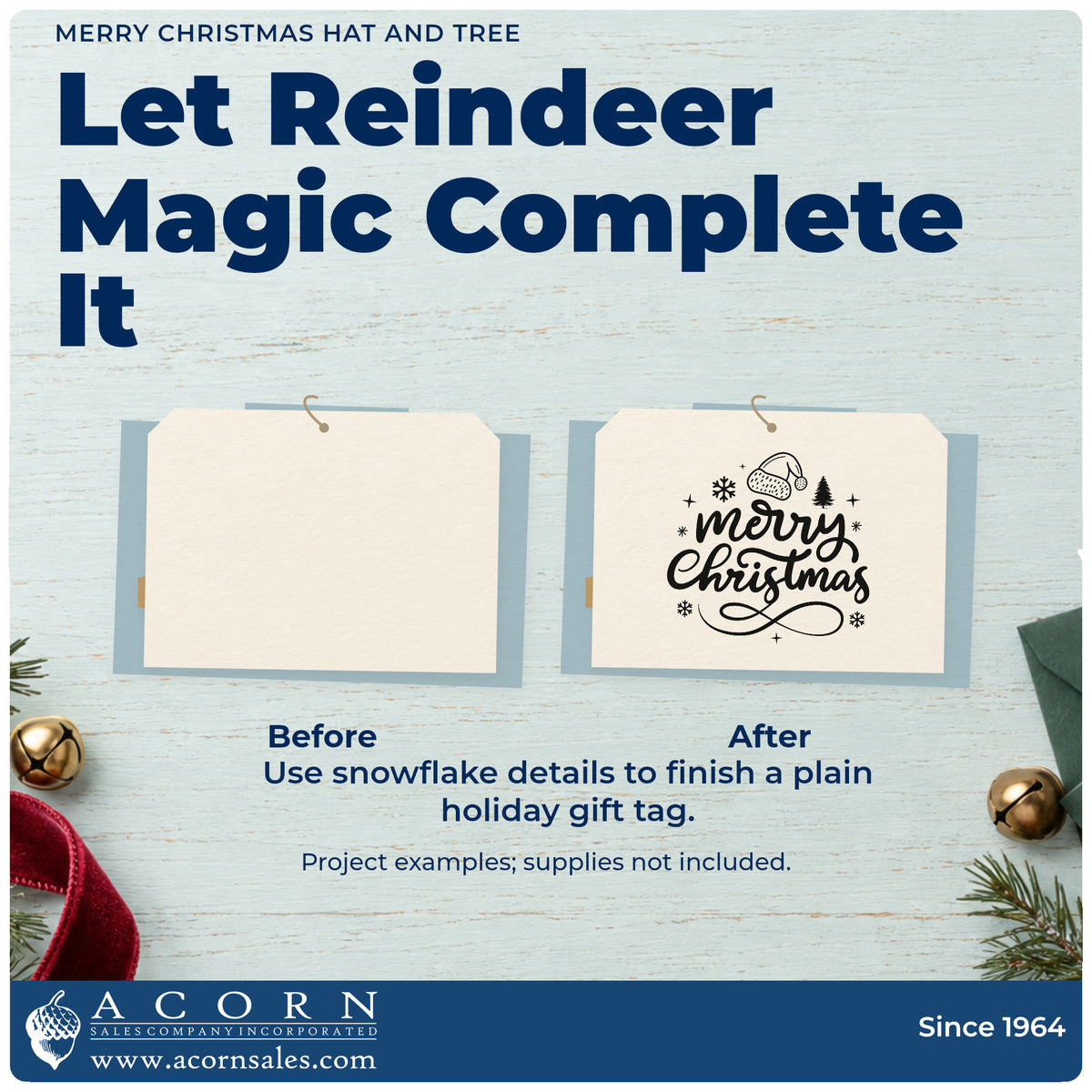 Before and after of a plain item finished with the Merry Christmas Hat And Tree Premium Wood-Mounted Stamp – Vintage Pro, a quick upgrade for envelope flap seals.